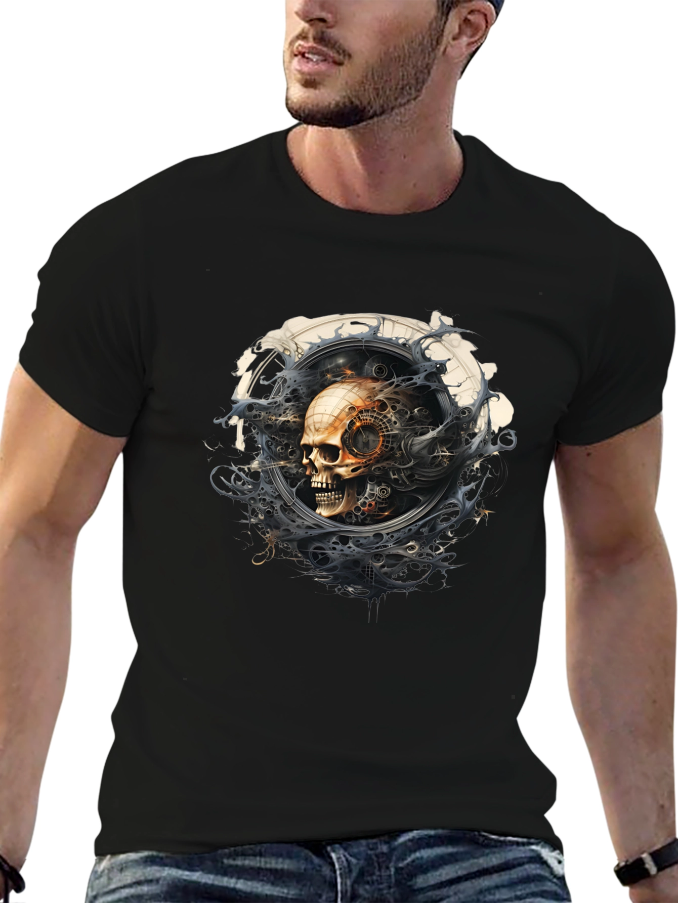 Steampunk Skull Graphic Black T-Shirt