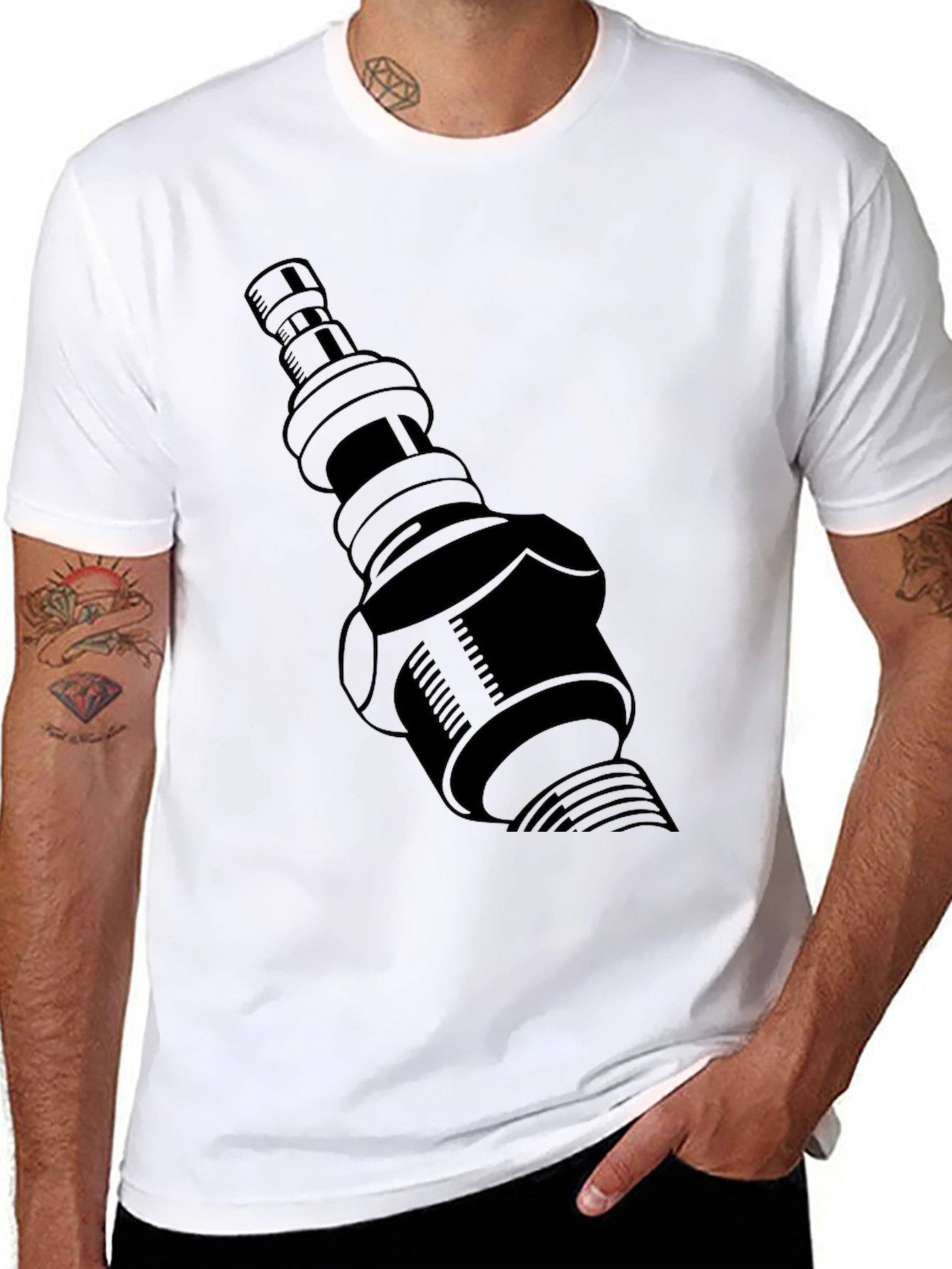 Black T-Shirt with Spark Plug Graphic