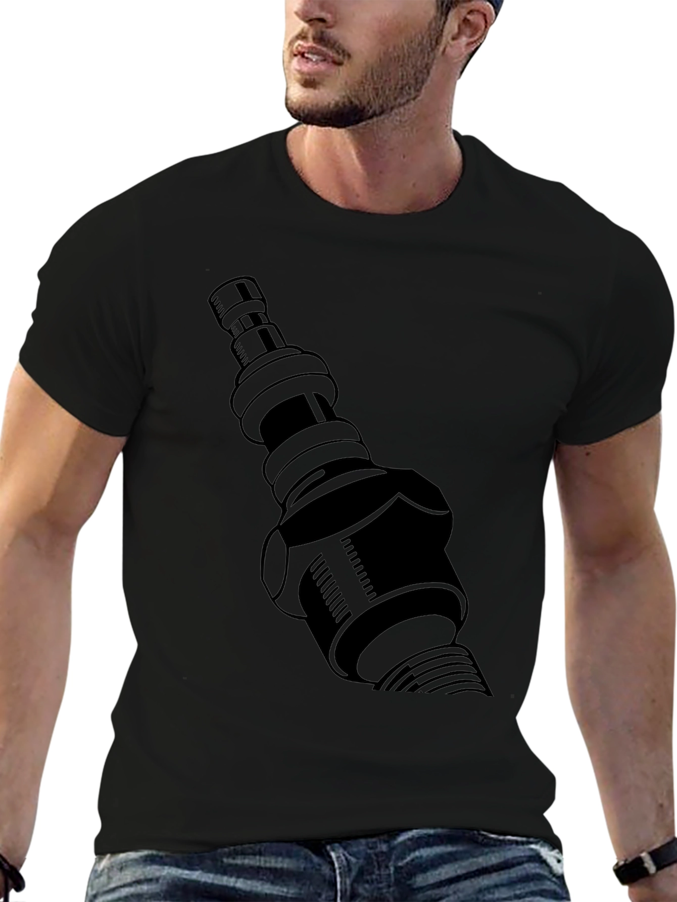 Black T-Shirt with Spark Plug Graphic