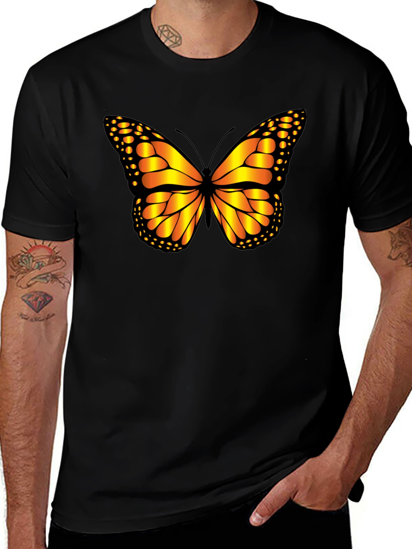Butterfly Graphic Tee - Black Cotton Casual Shirt