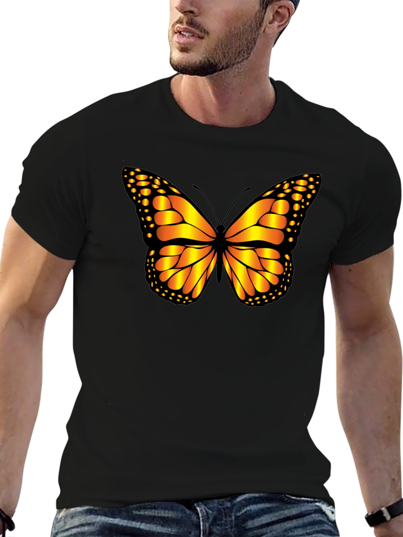 Butterfly Graphic Tee - Black Cotton Casual Shirt