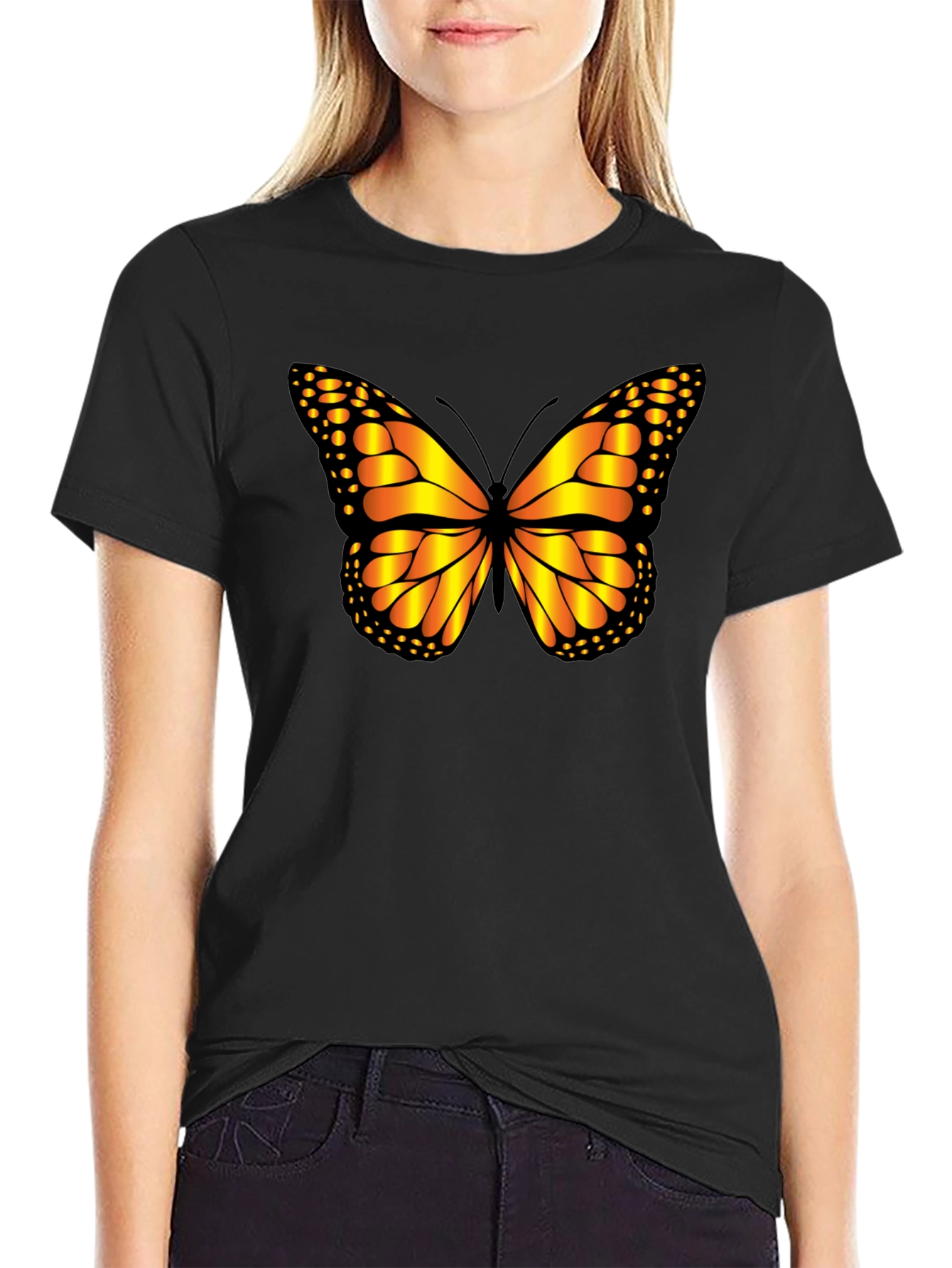 Butterfly Graphic Tee - Black Cotton Casual Shirt