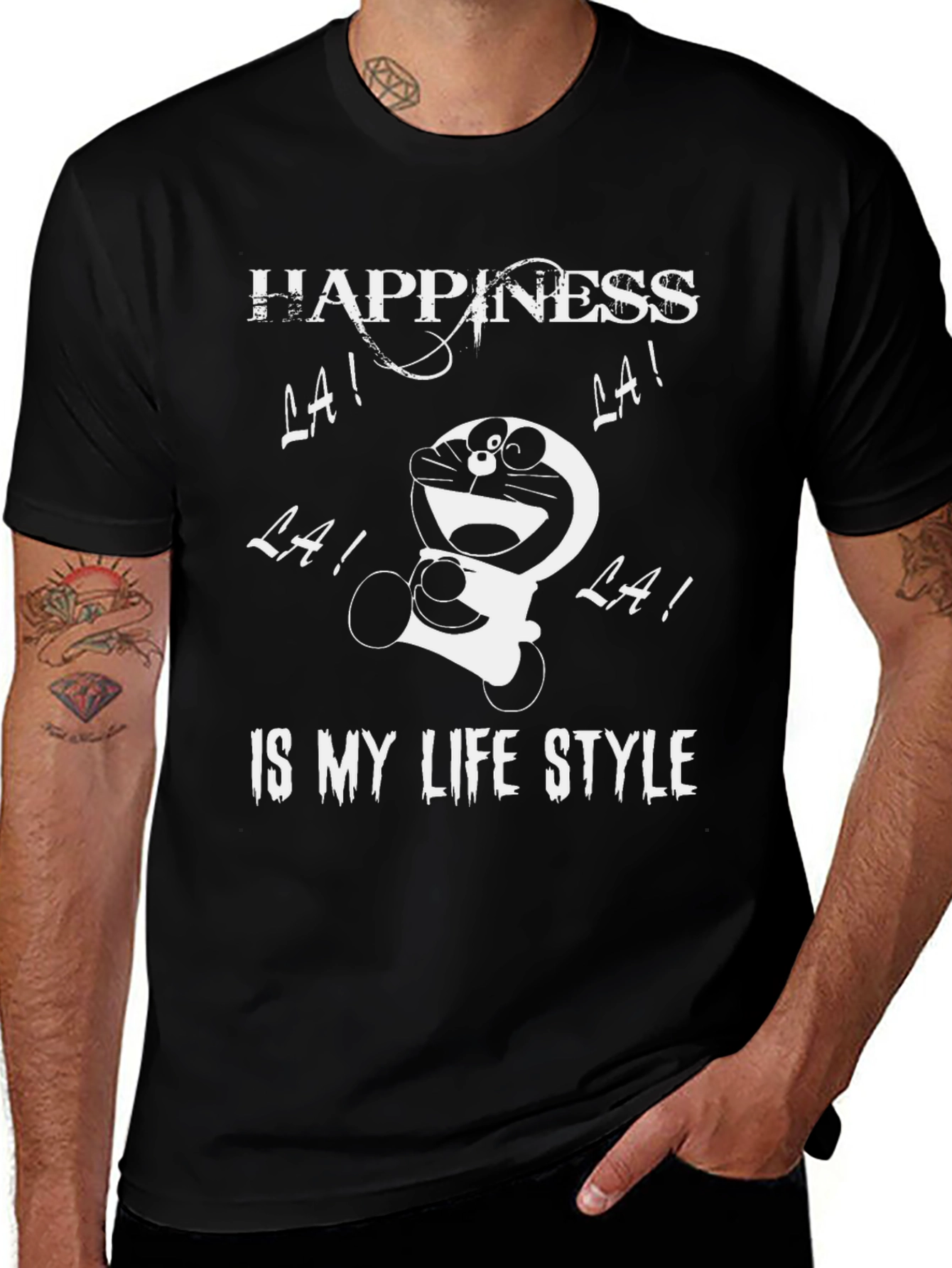 Happiness Doraemon Black Graphic Tee