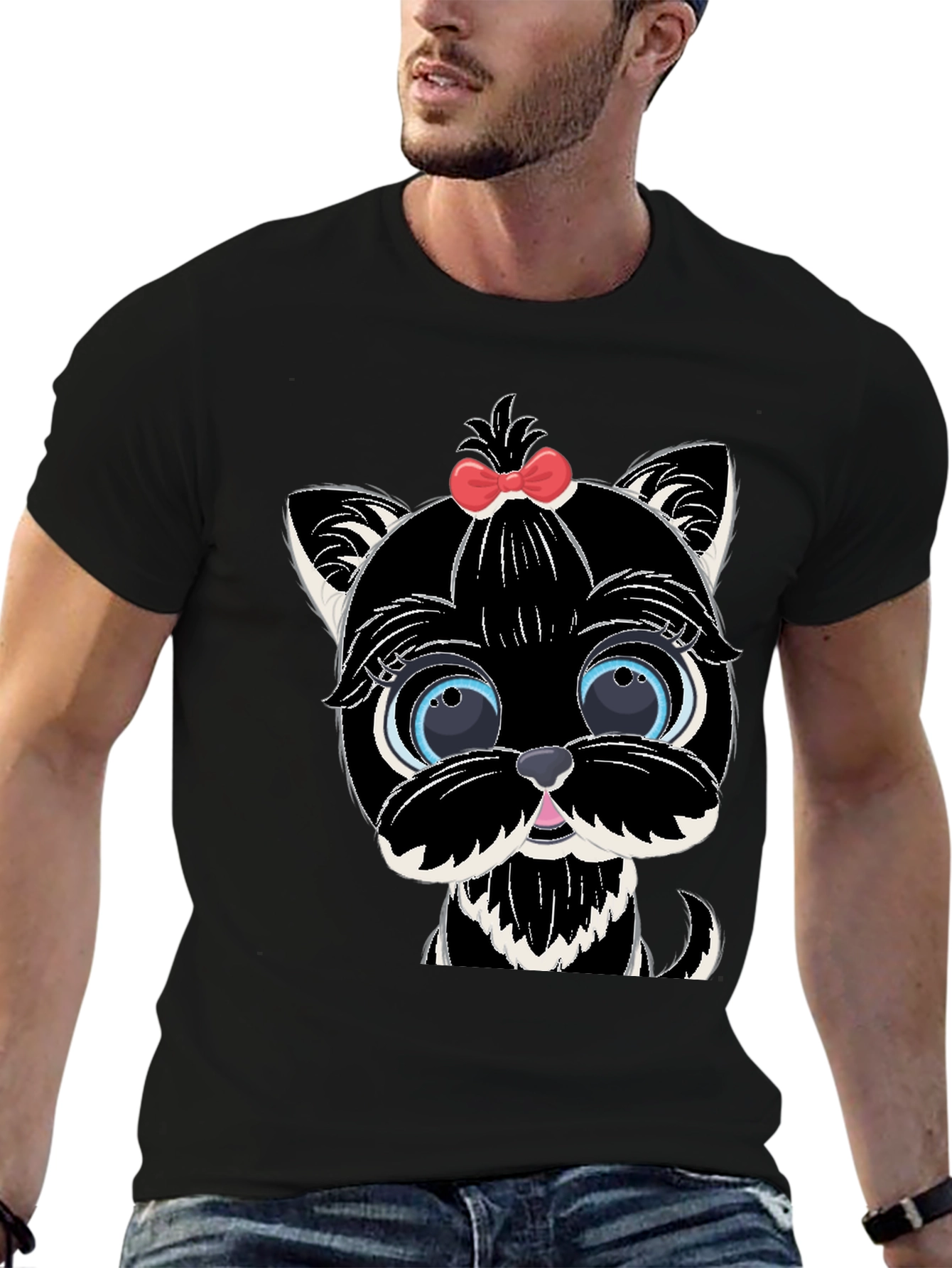 Cute Cartoon Dog Graphic Tee - Black