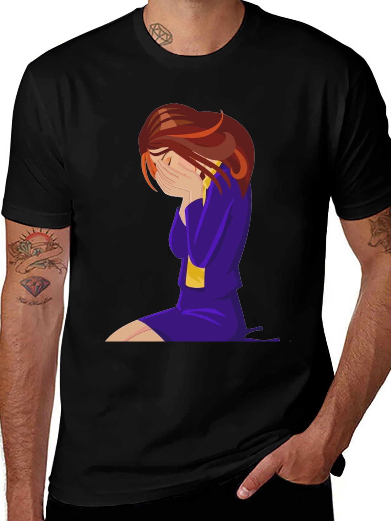 Emotional Cartoon Graphic Tee - Black