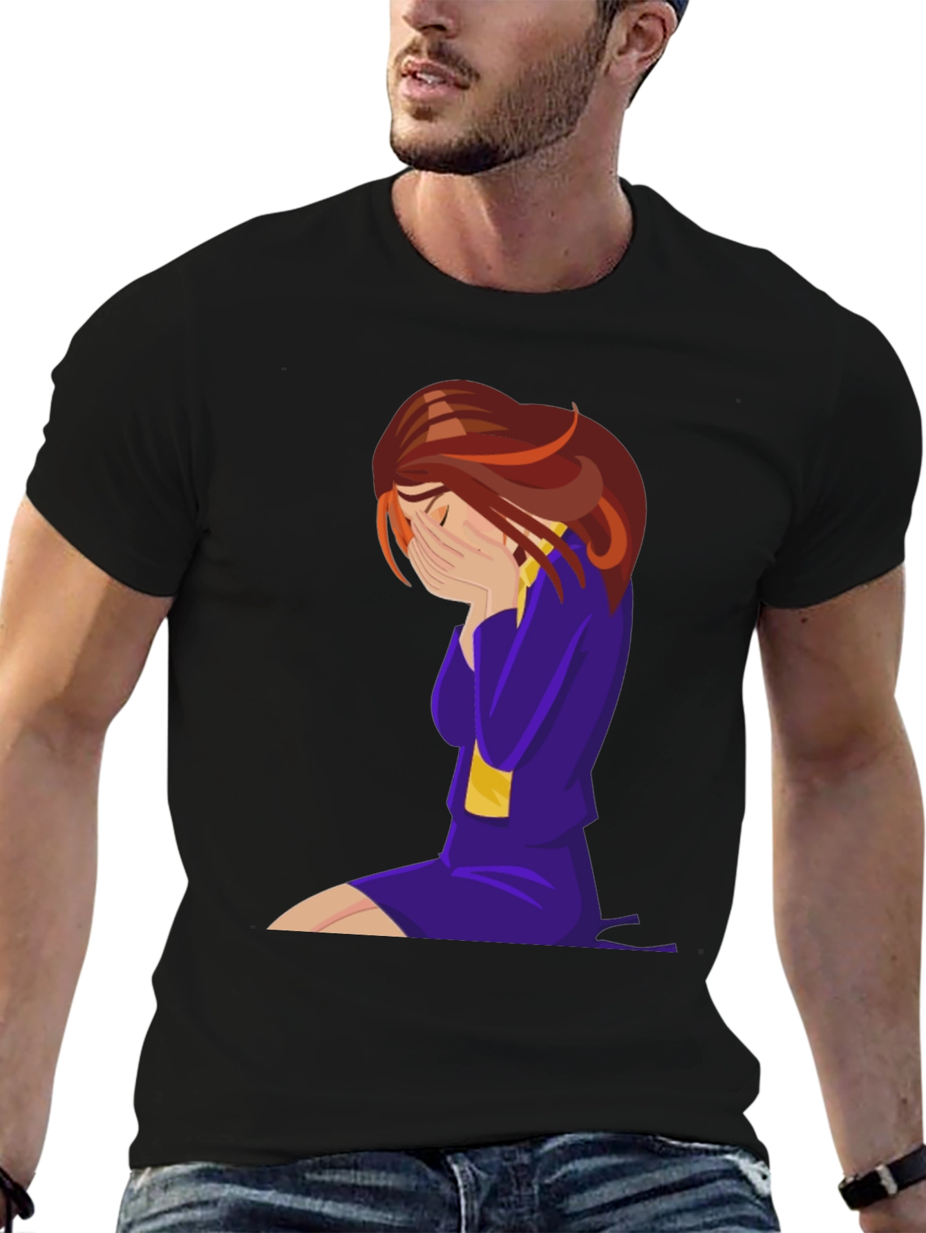 Emotional Cartoon Graphic Tee - Black
