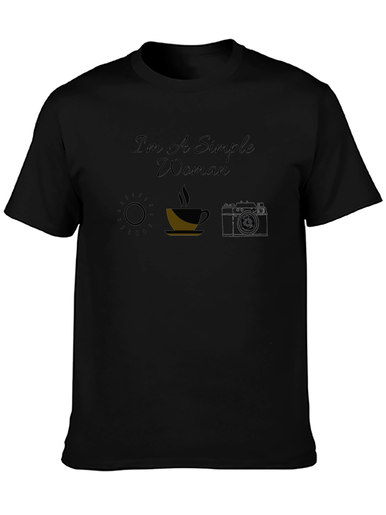 Simple Woman Sun Coffee Camera Black T-Shirt