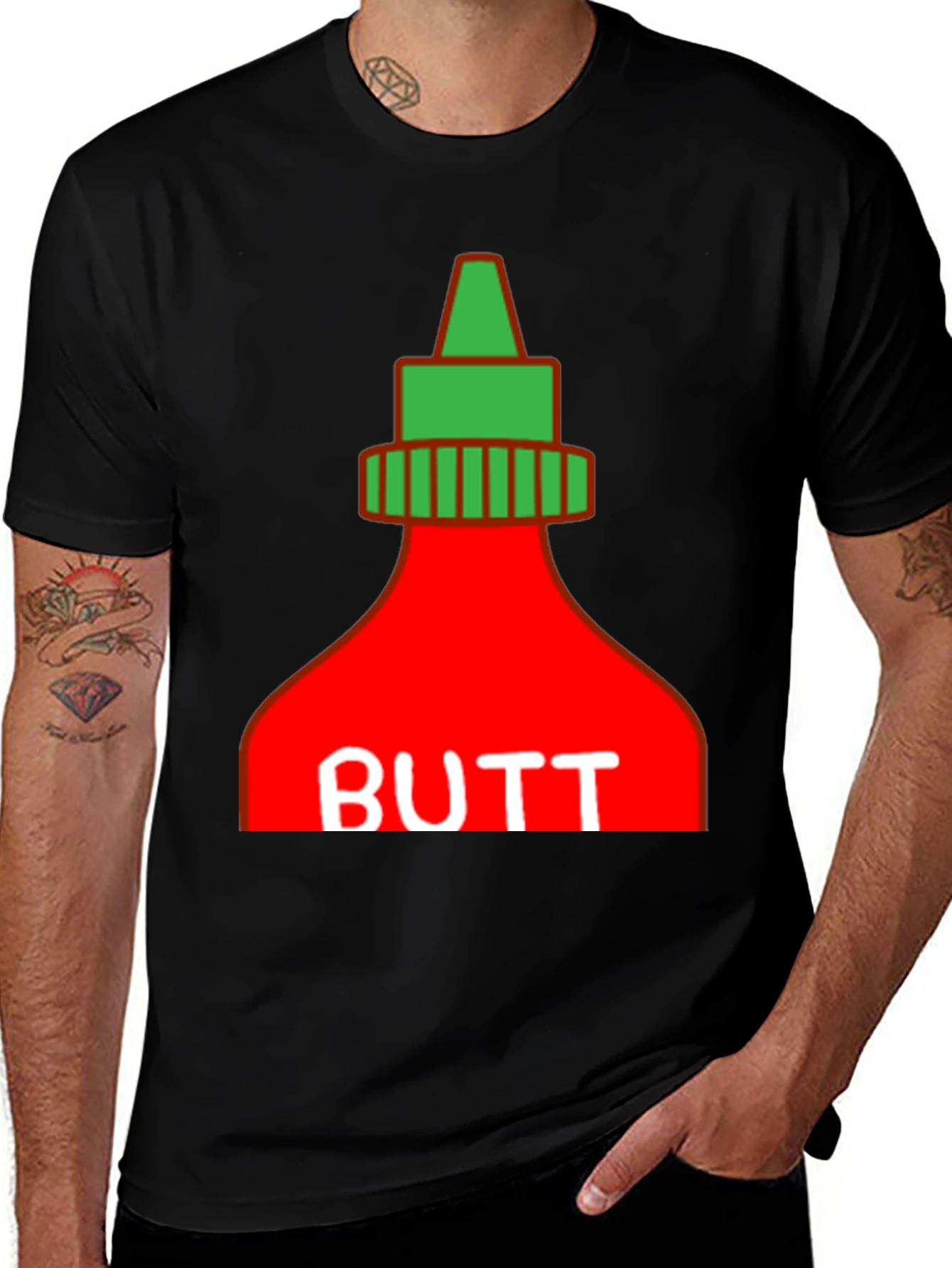 Humorous BUTT Sriracha Graphic T-Shirt - Black