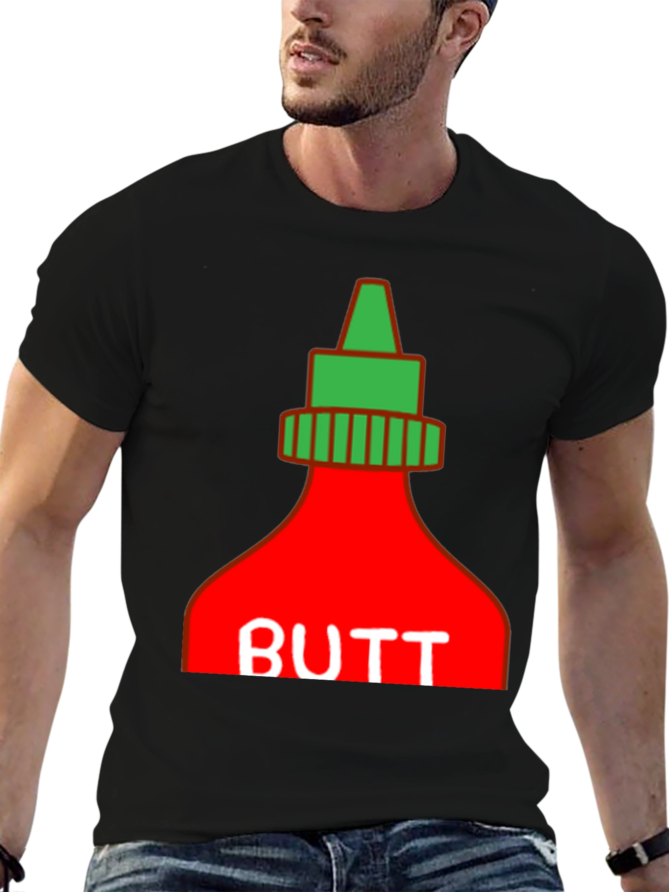 Humorous BUTT Sriracha Graphic T-Shirt - Black
