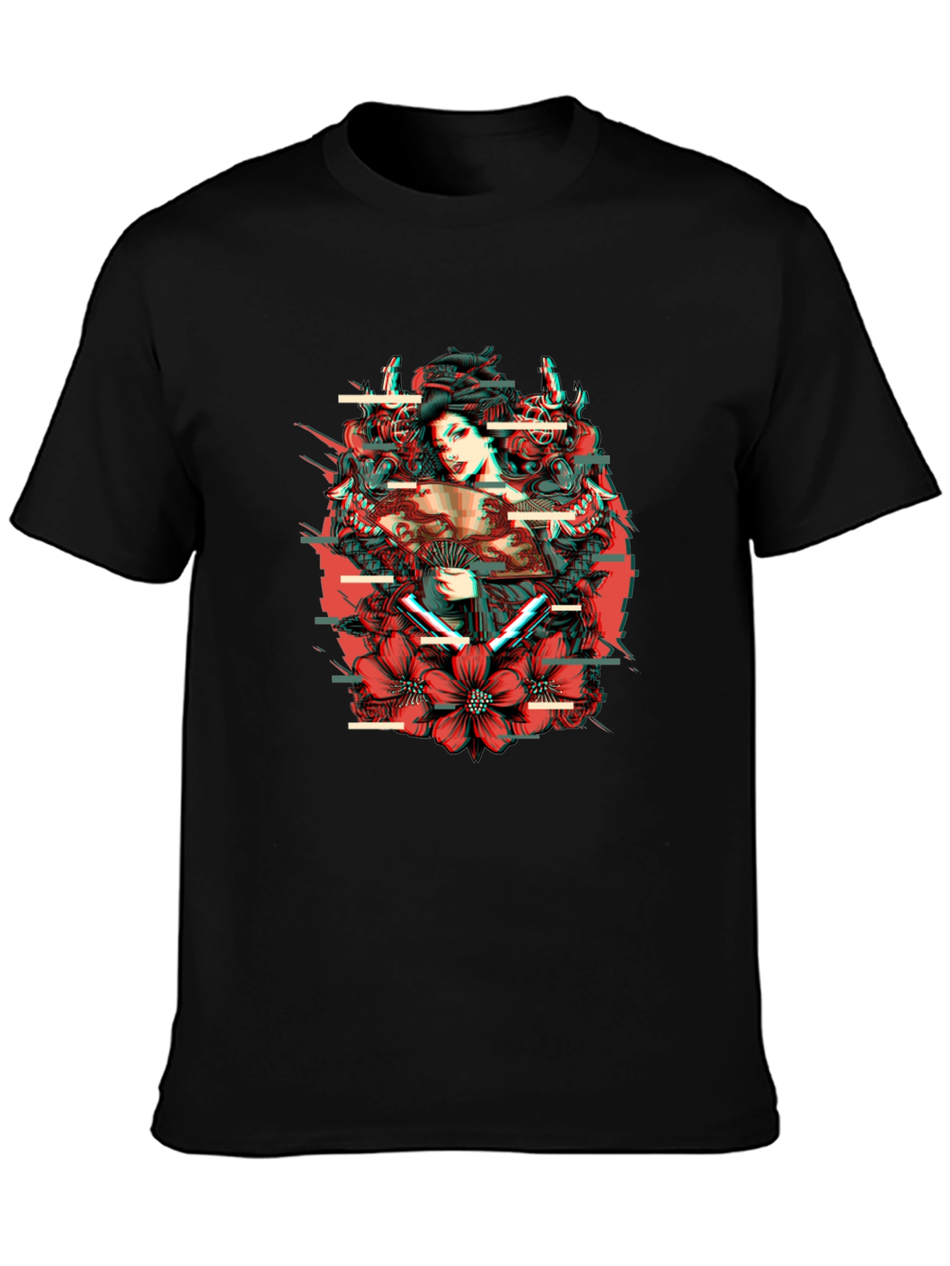Geisha Glitch Mens Black Graphic T-Shirt