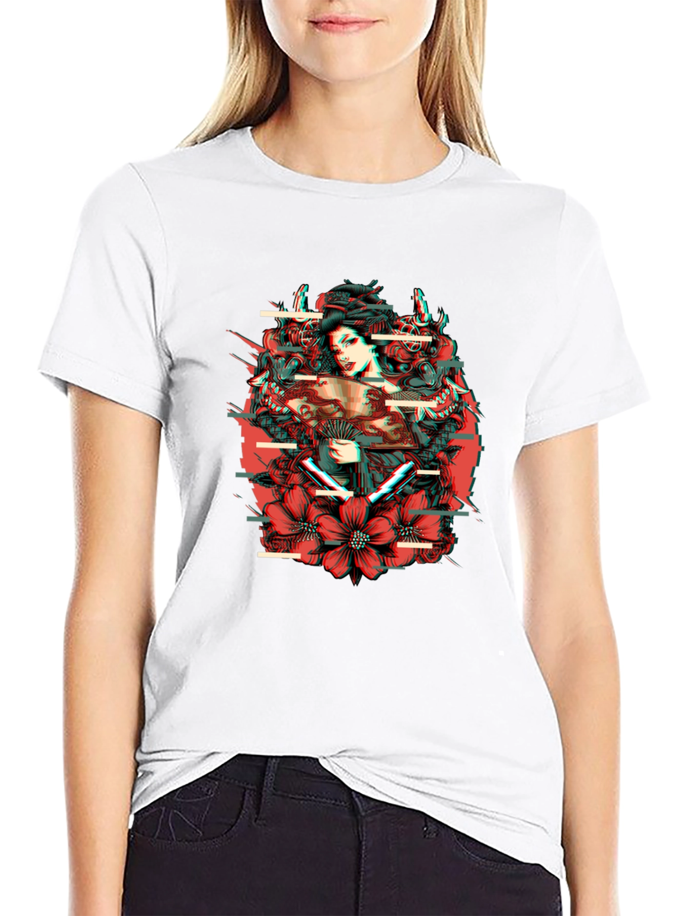 Geisha Glitch Mens Black Graphic T-Shirt