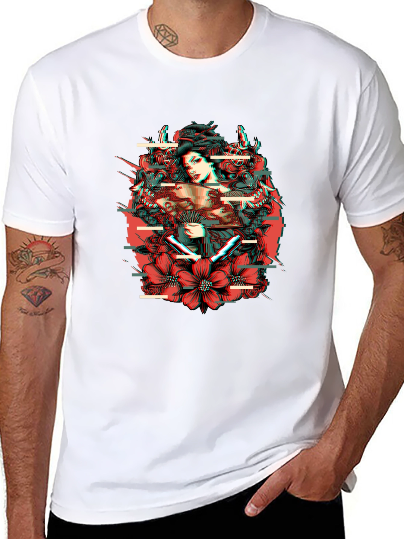 Geisha Glitch Mens Black Graphic T-Shirt