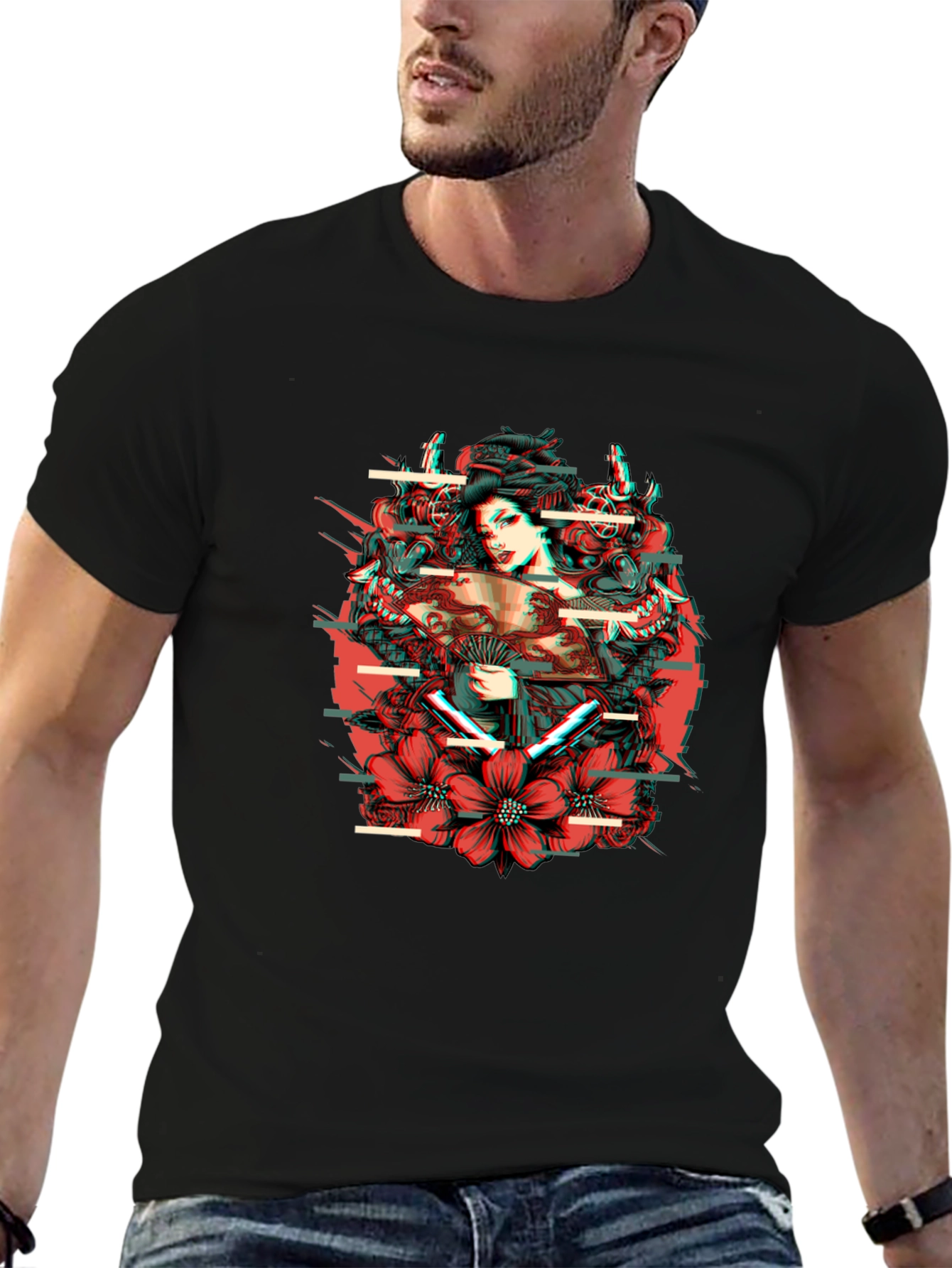 Geisha Glitch Mens Black Graphic T-Shirt