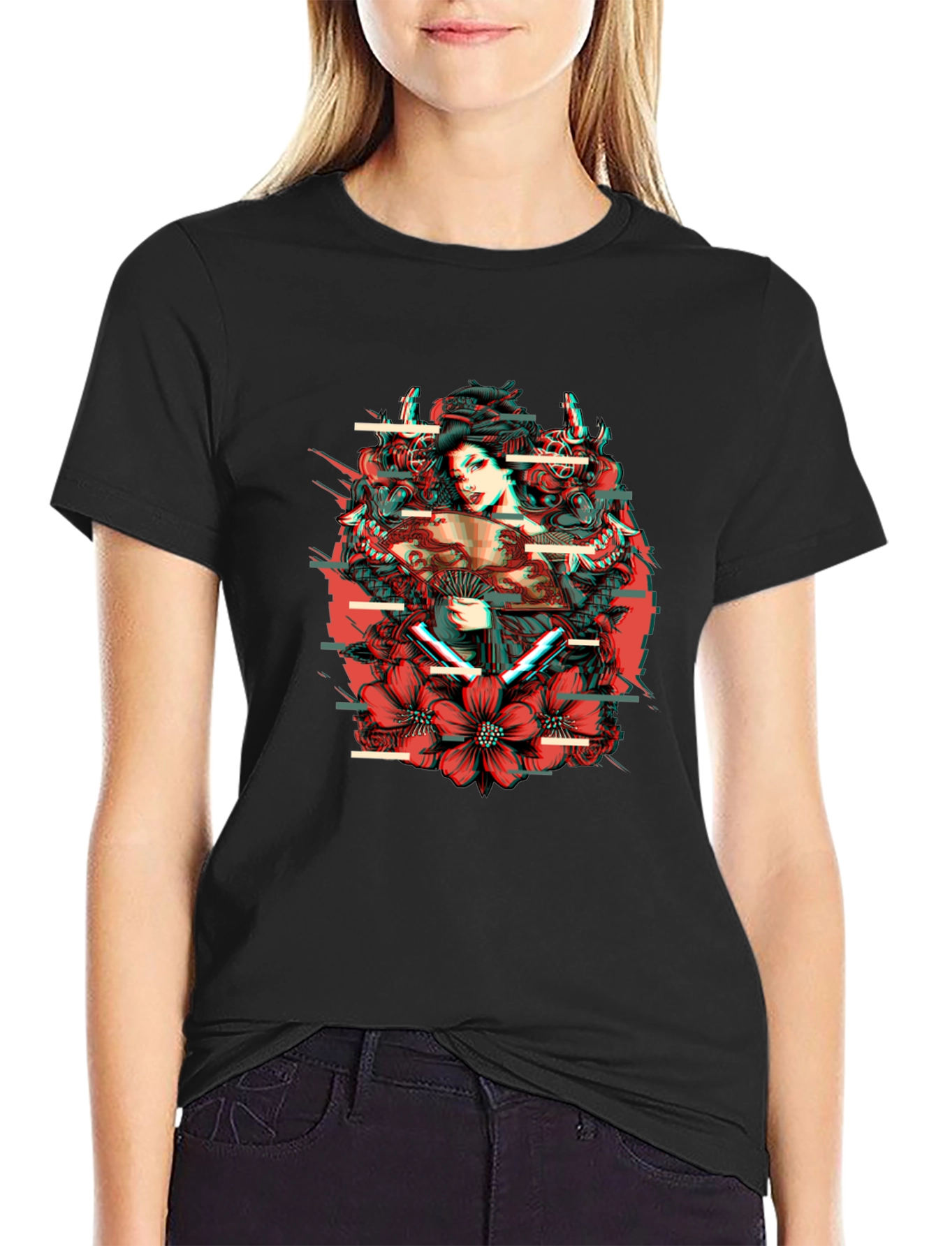Geisha Glitch Mens Black Graphic T-Shirt