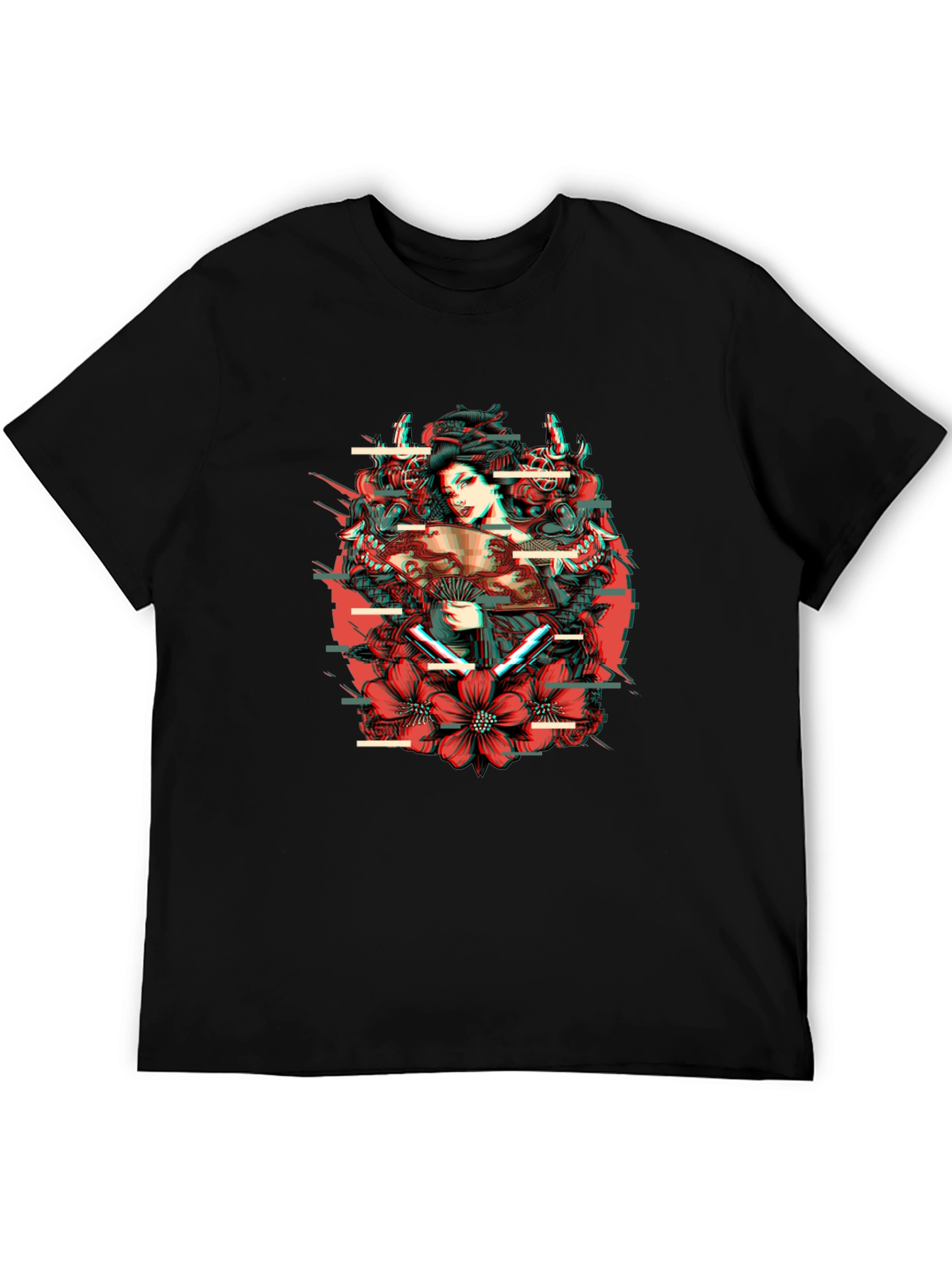 Geisha Glitch Mens Black Graphic T-Shirt