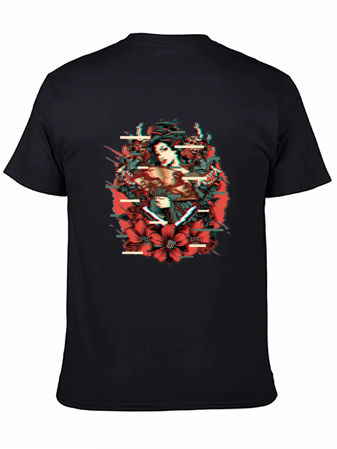 Geisha Glitch Mens Black Graphic T-Shirt