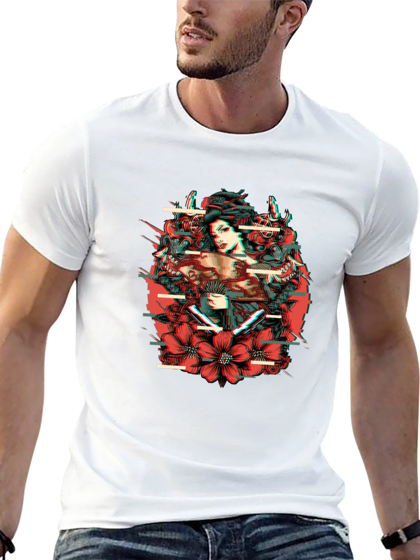 Geisha Glitch Mens Black Graphic T-Shirt