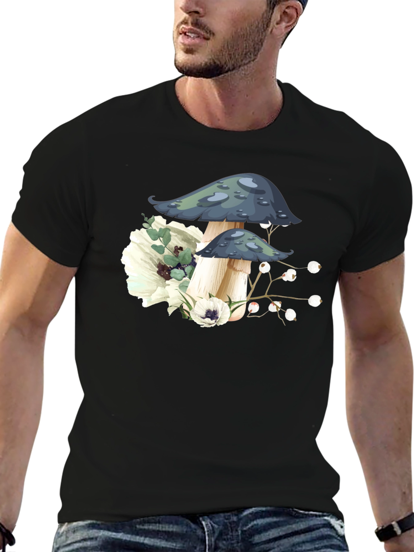 Mushroom Floral Graphic Tee - Black
