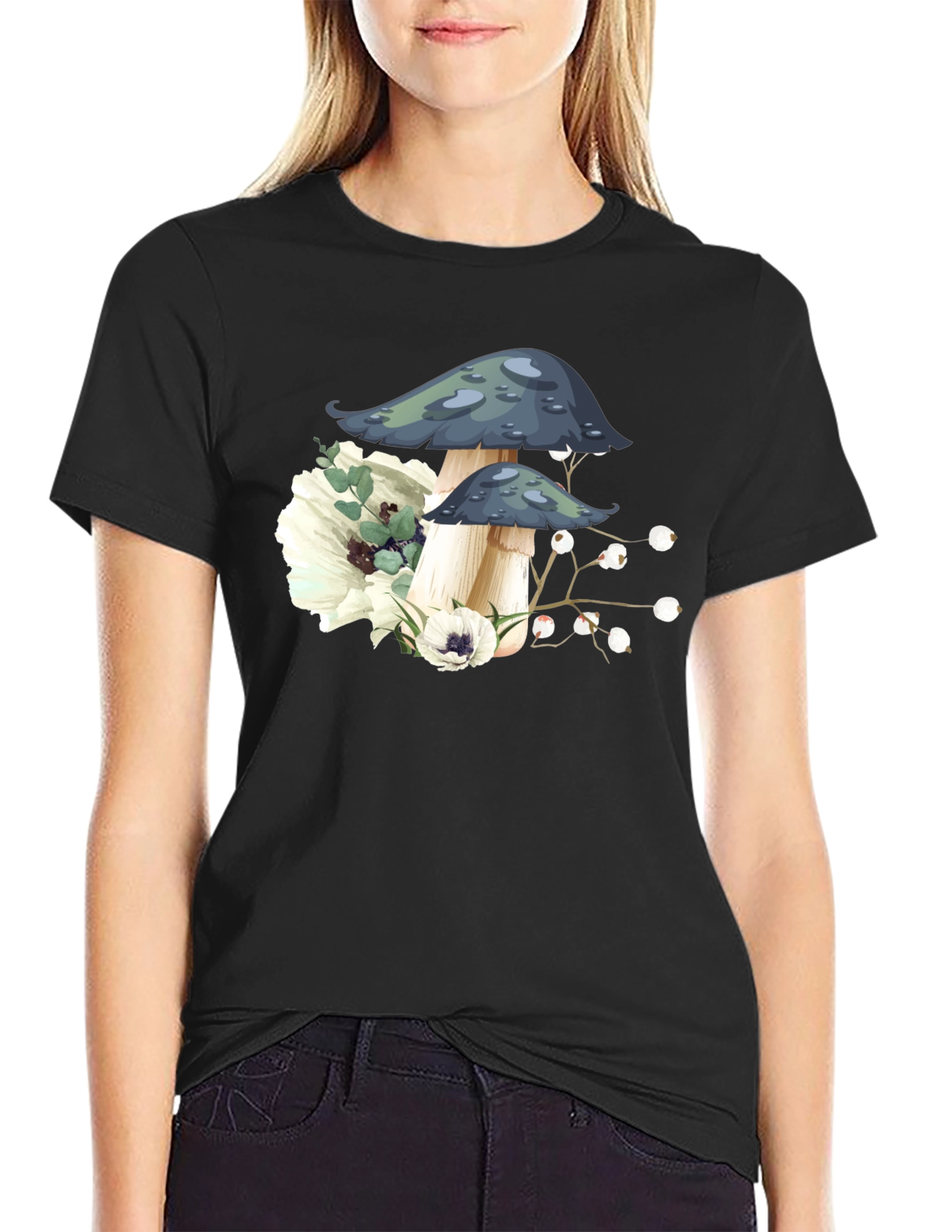 Mushroom Floral Graphic Tee - Black