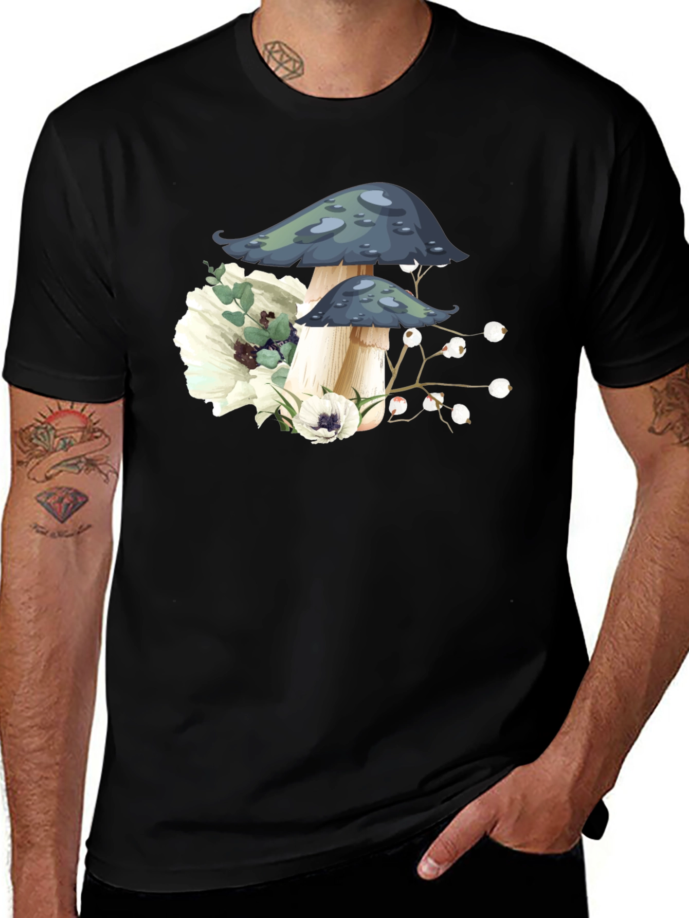 Mushroom Floral Graphic Tee - Black