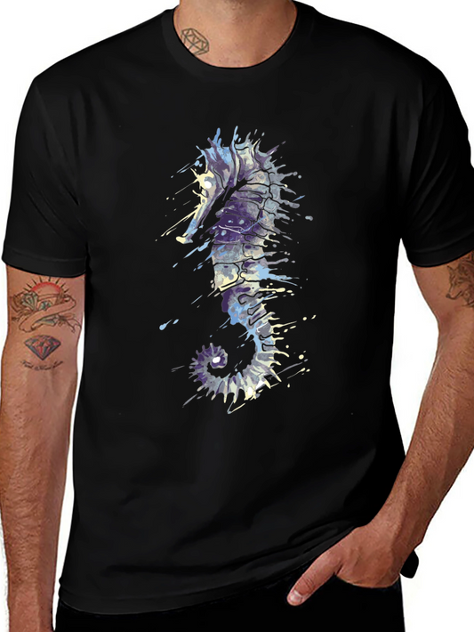 Seahorse Splash Tee - Artistic Black T-Shirt