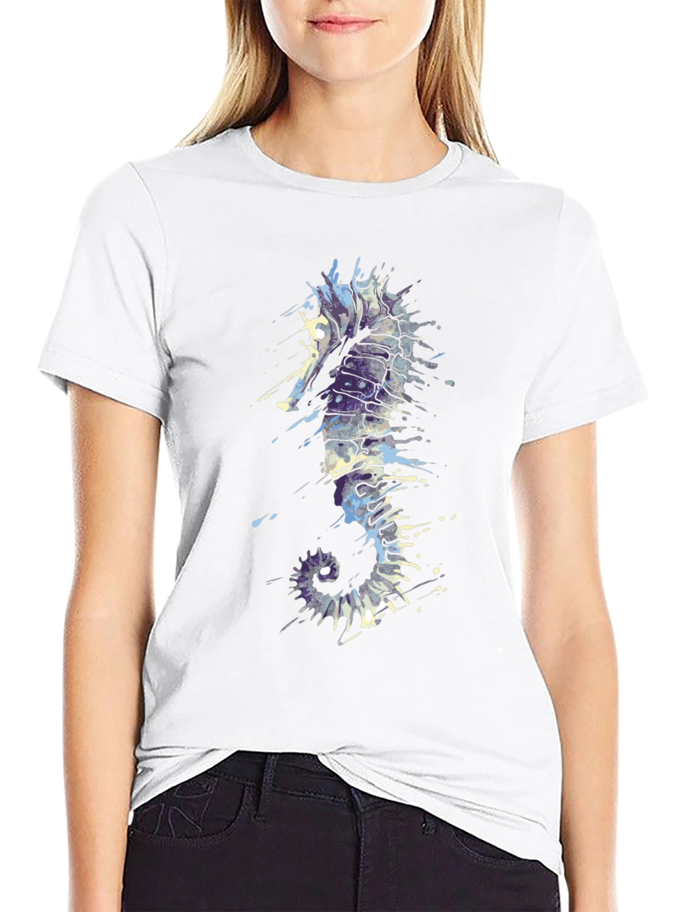 Seahorse Splash Tee - Artistic Black T-Shirt