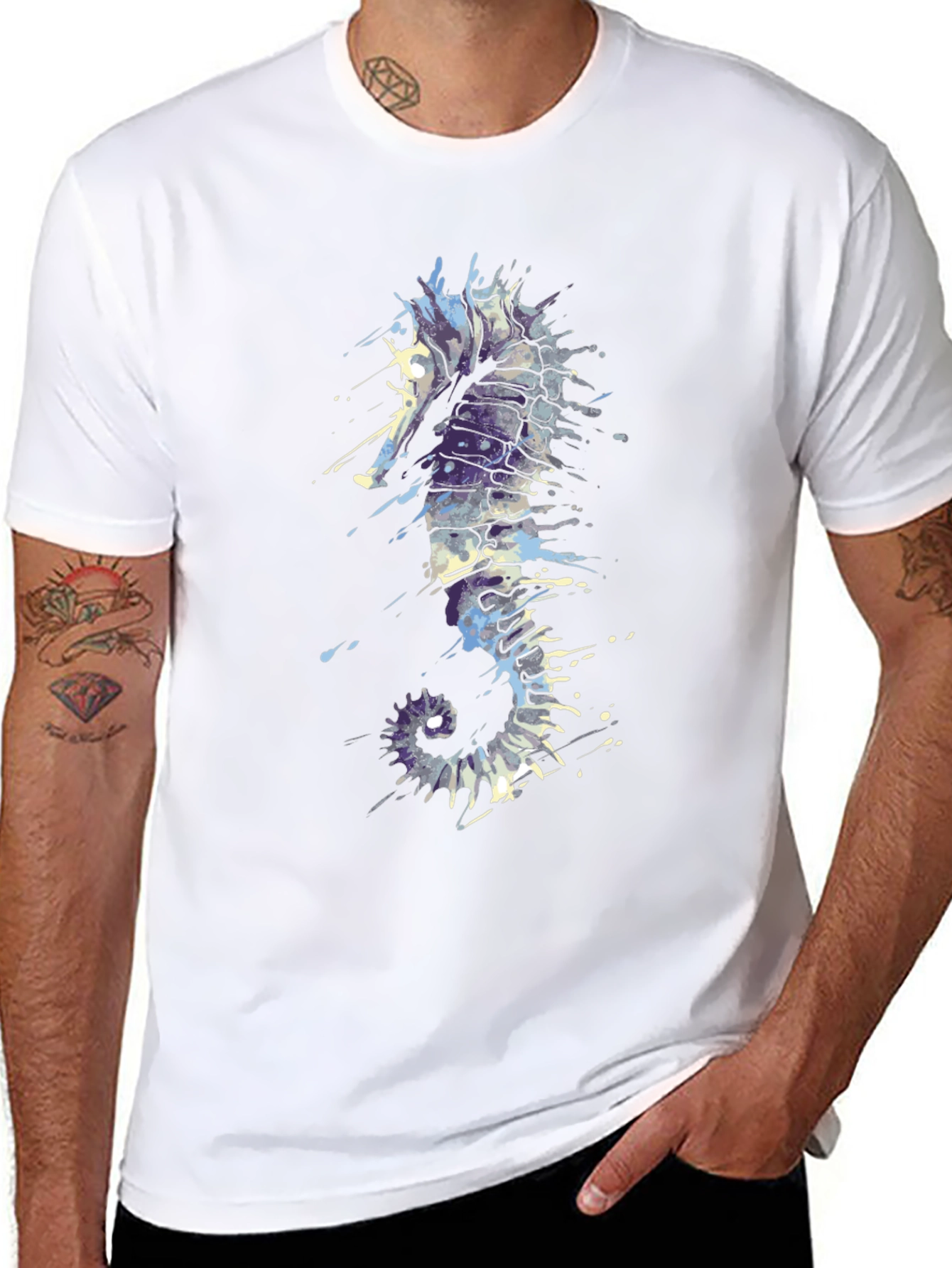 Seahorse Splash Tee - Artistic Black T-Shirt
