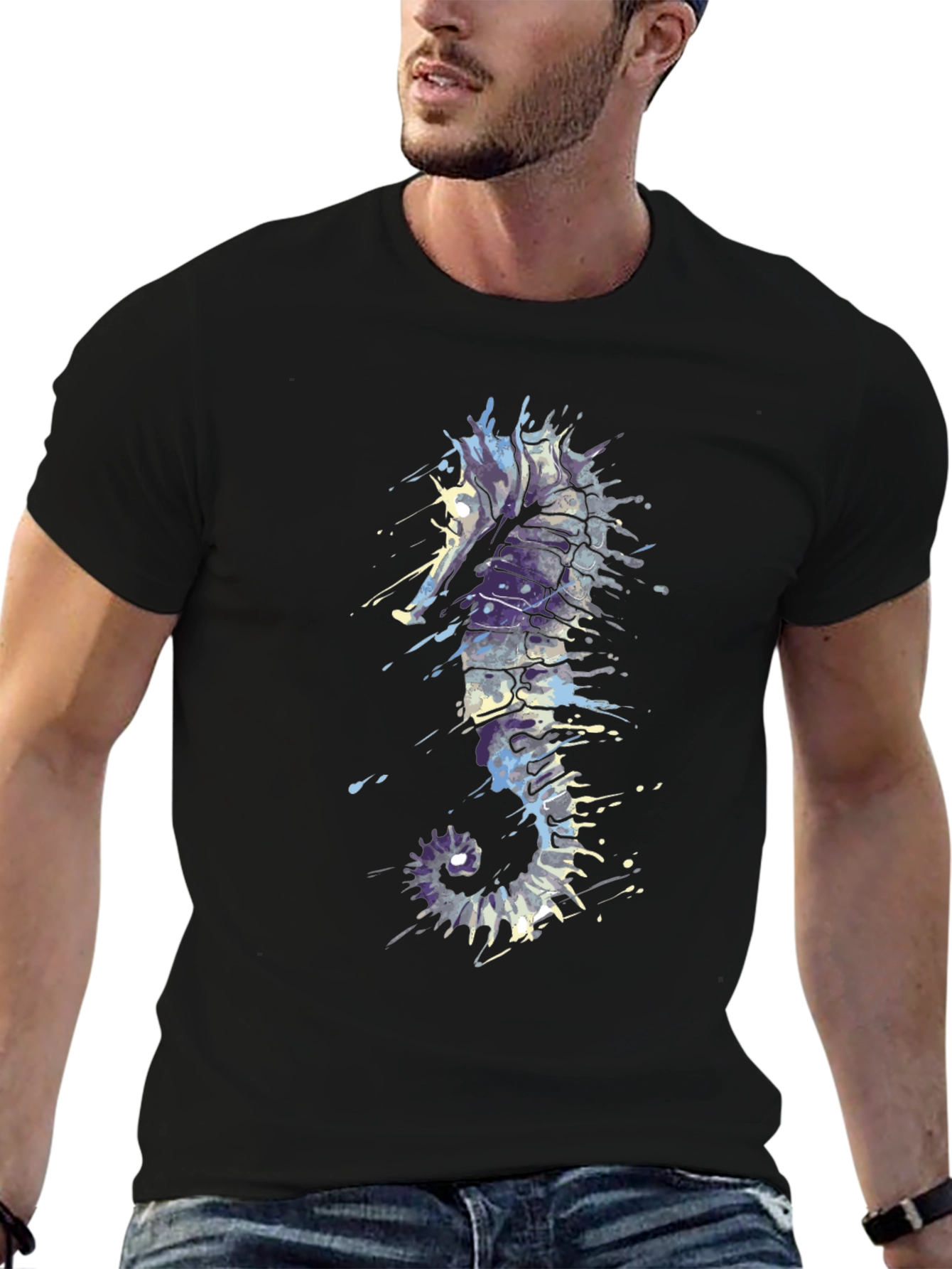 Seahorse Splash Tee - Artistic Black T-Shirt