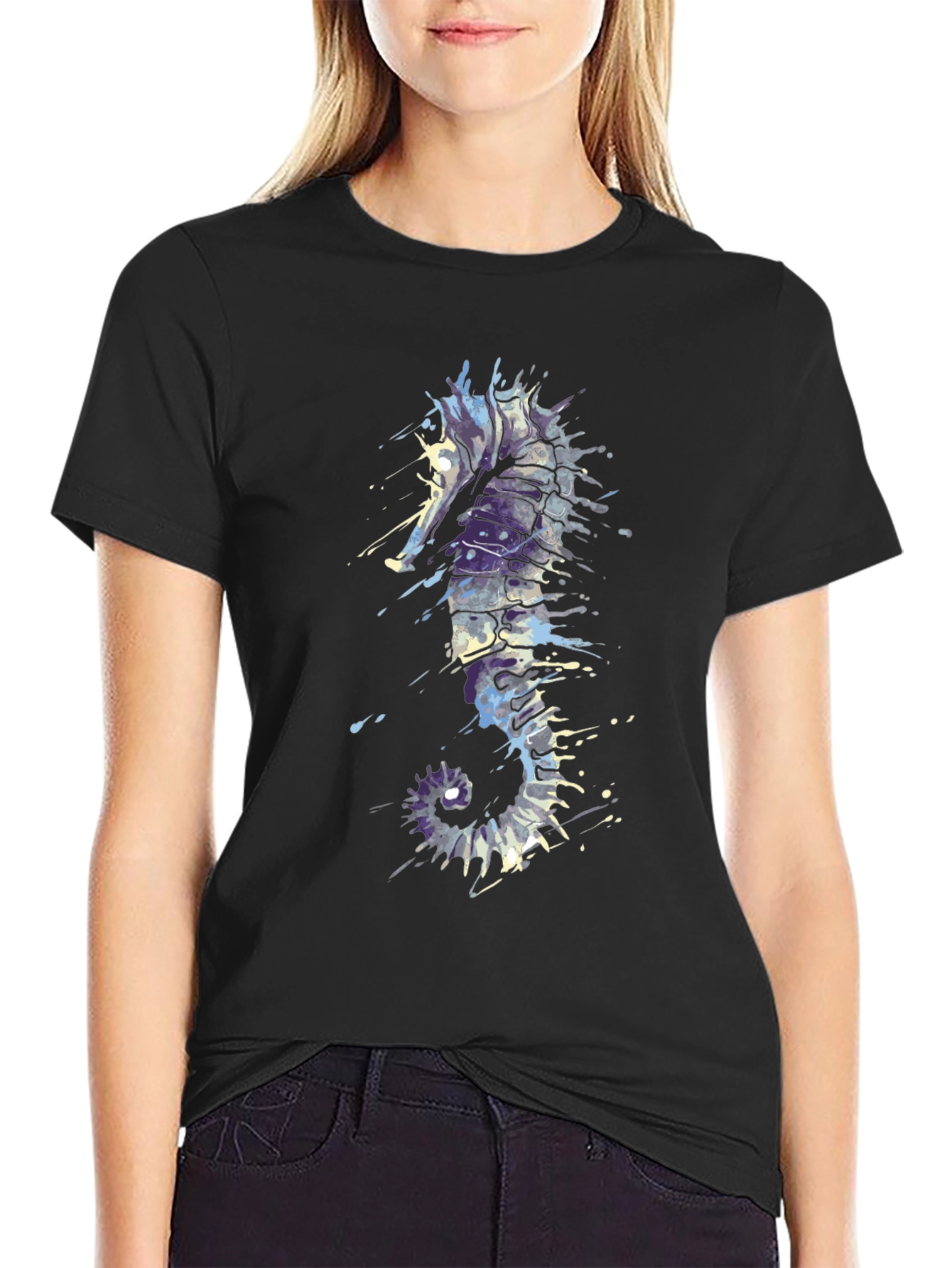 Seahorse Splash Tee - Artistic Black T-Shirt