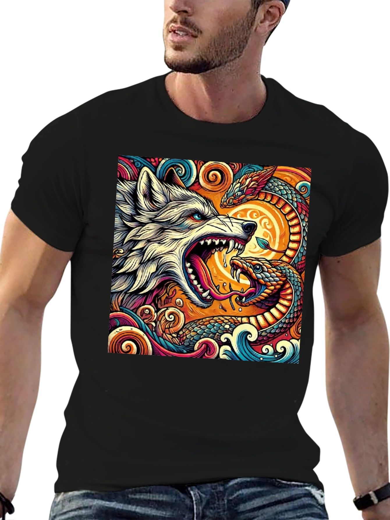 Wolf and Snake Graphic Tee - Bold Design