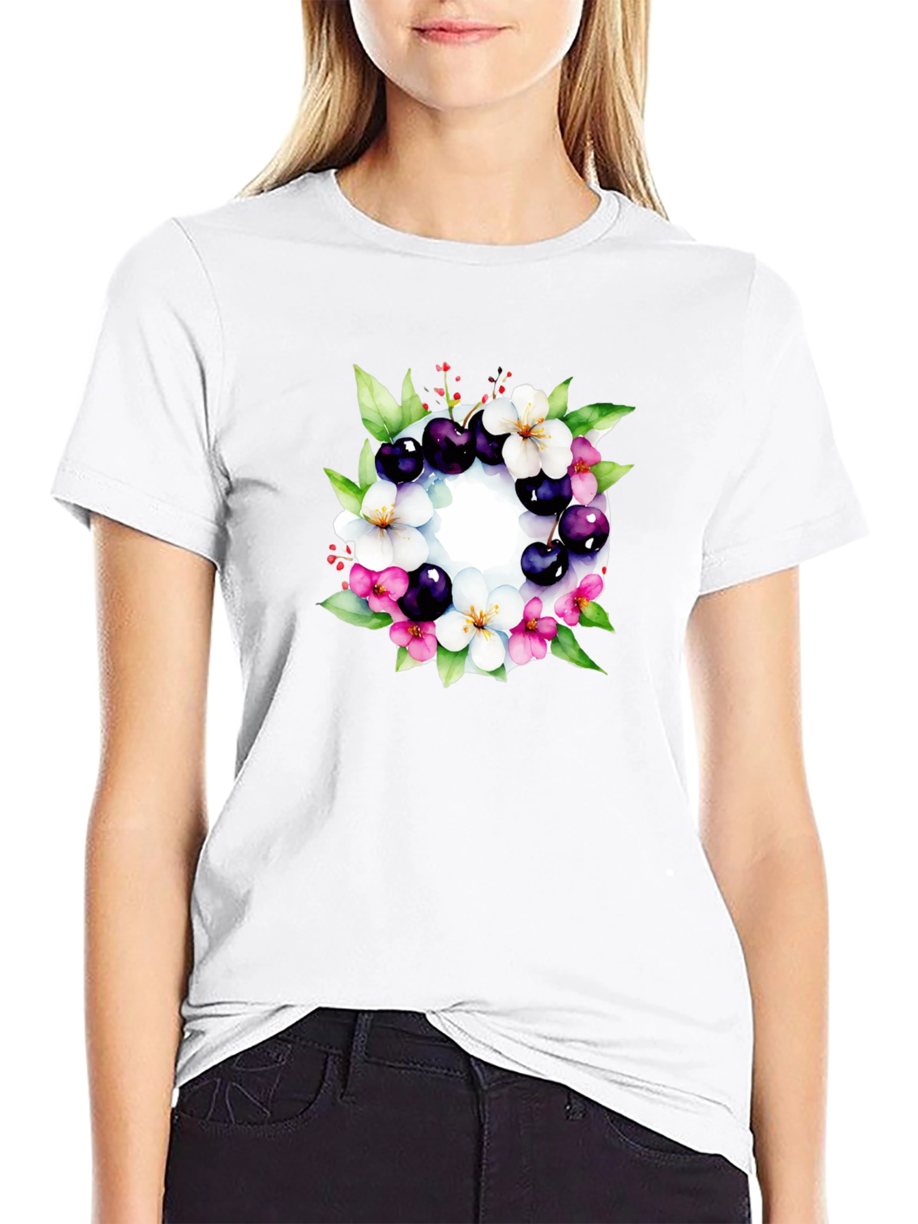 Floral Cherry Blossom Wreath Black T-Shirt