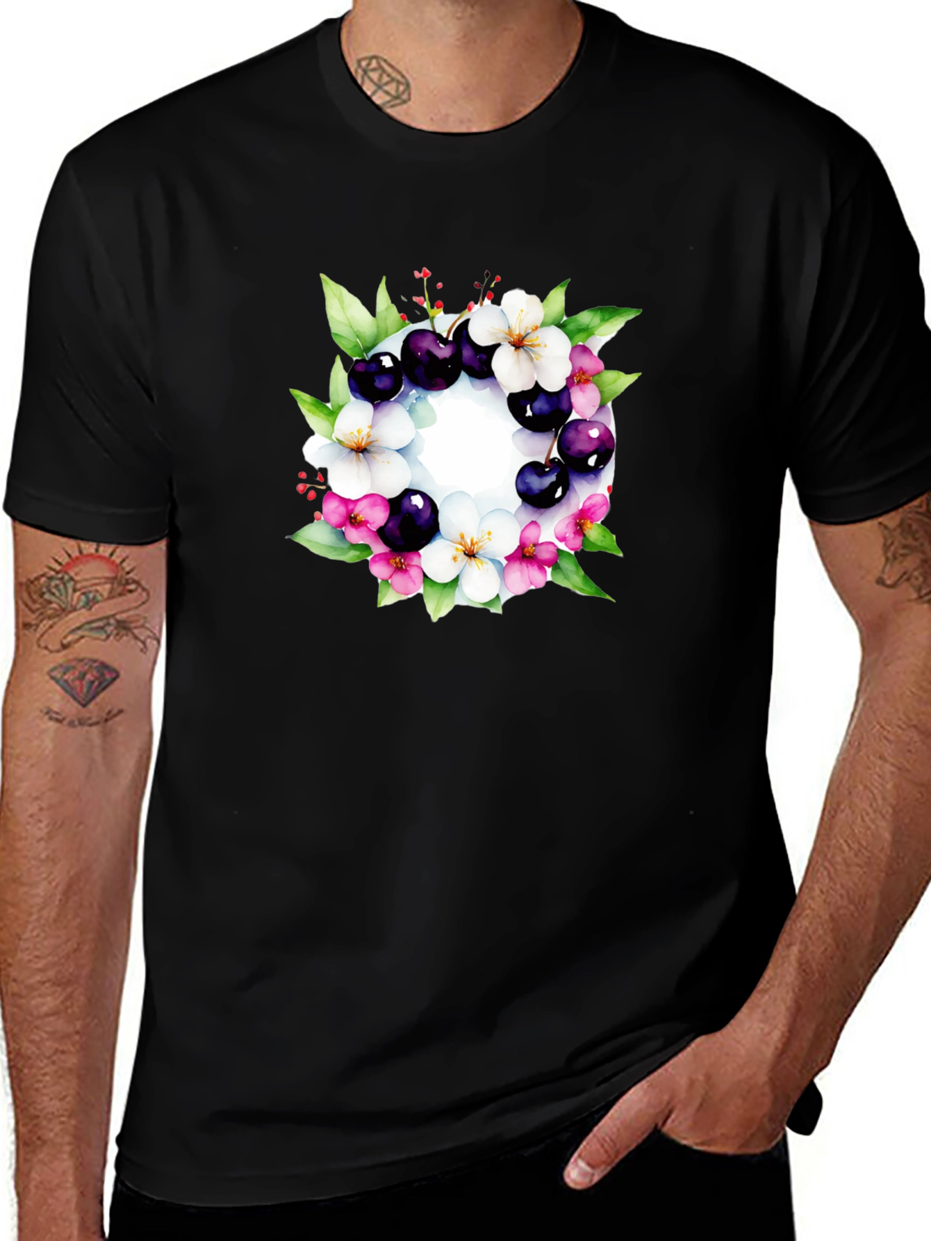 Floral Cherry Blossom Wreath Black T-Shirt