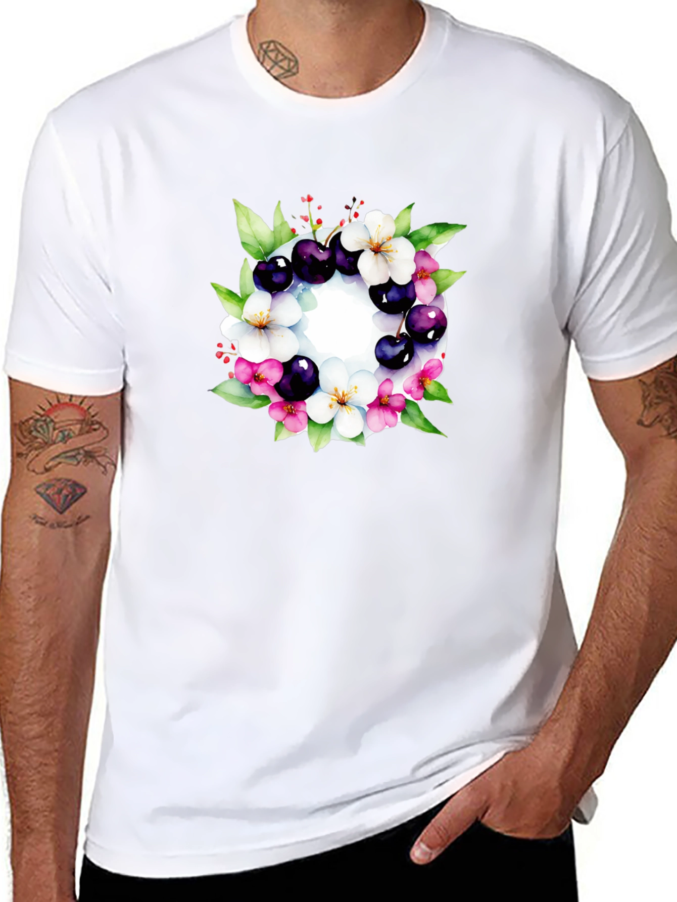 Floral Cherry Blossom Wreath Black T-Shirt