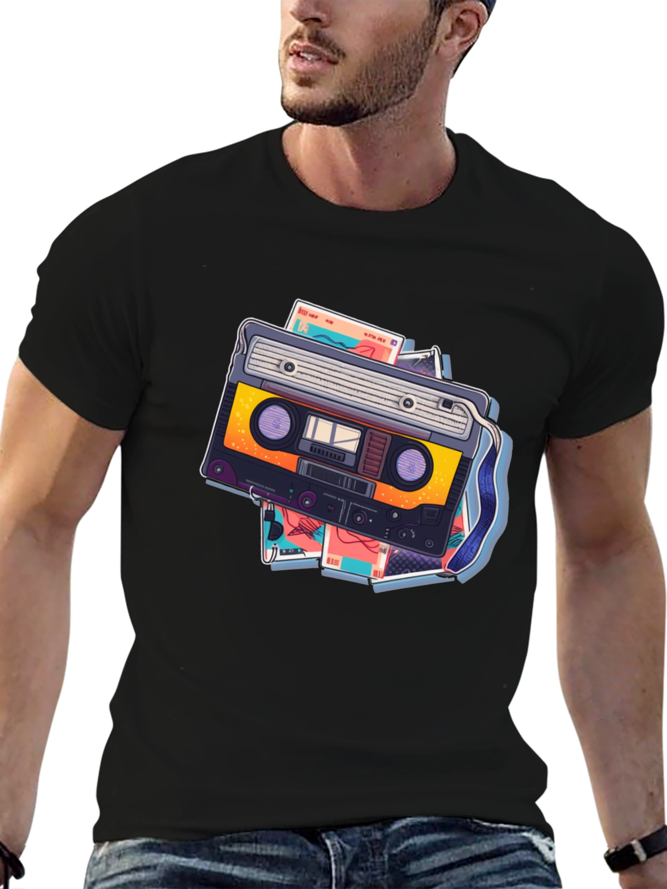 Retro Cassette Graphic T-Shirt - Black
