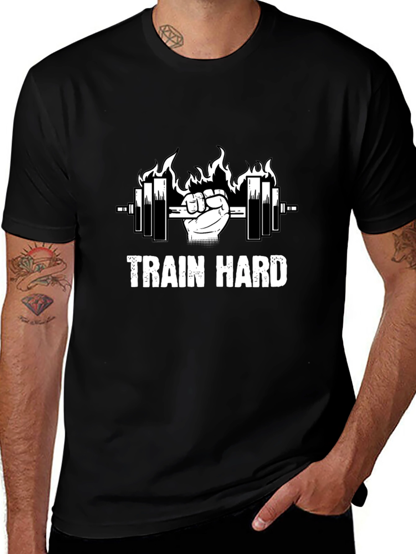 Train Hard Black Graphic Tee - Weightlifting Motivation