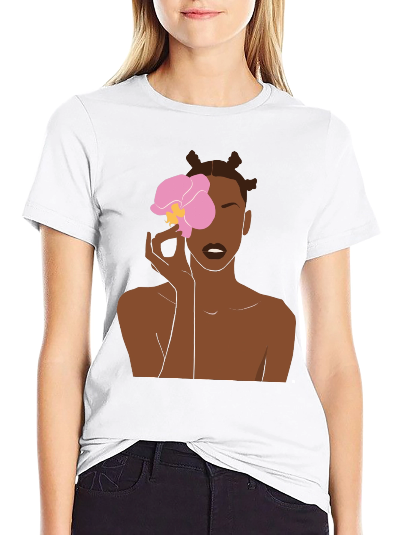 Black T-Shirt with Woman and Flower Graphic