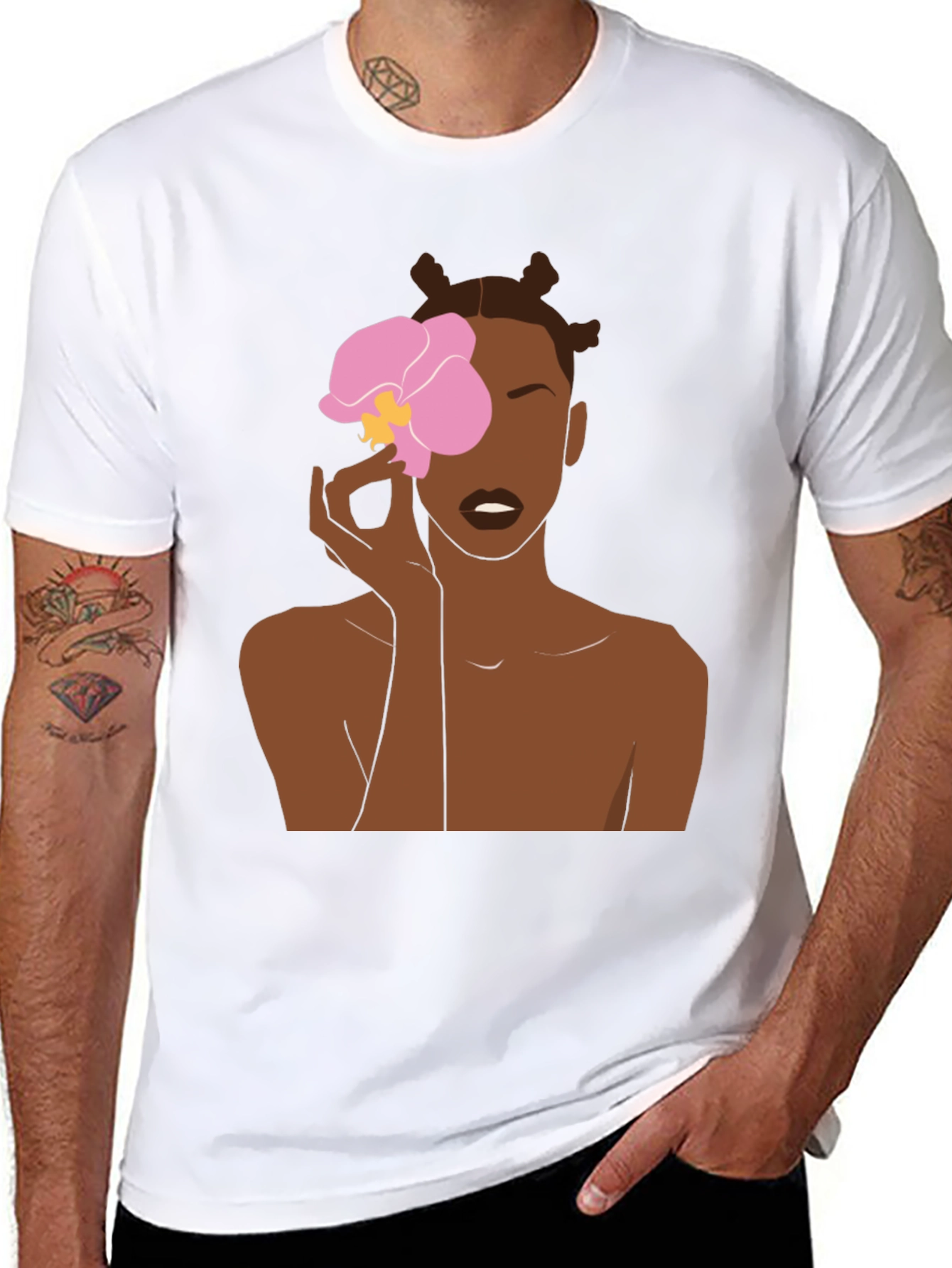 Black T-Shirt with Woman and Flower Graphic