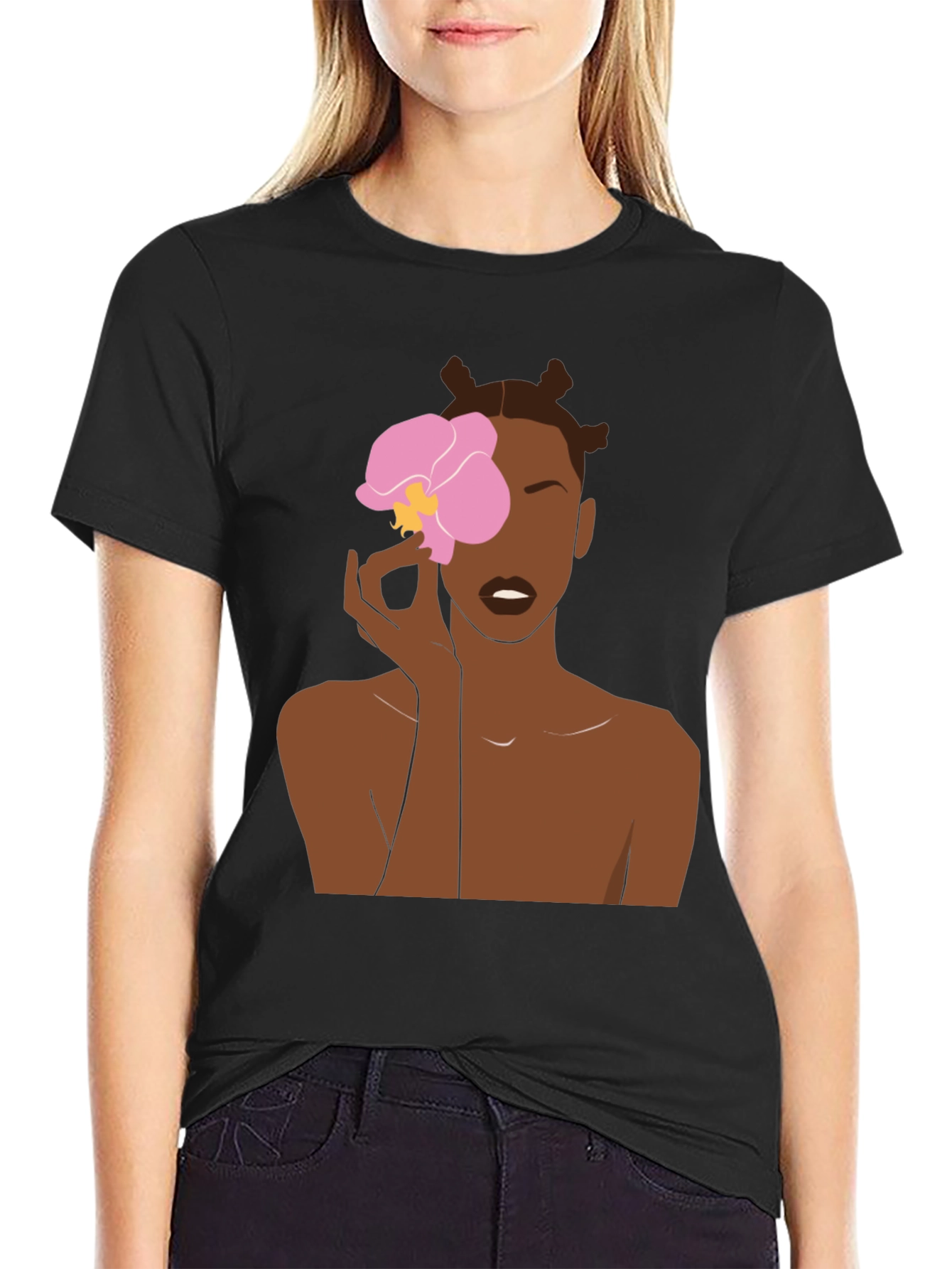 Black T-Shirt with Woman and Flower Graphic