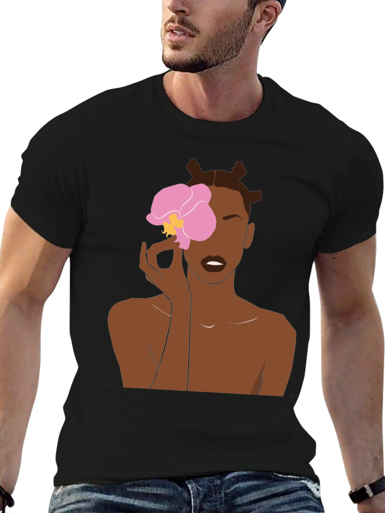 Black T-Shirt with Woman and Flower Graphic