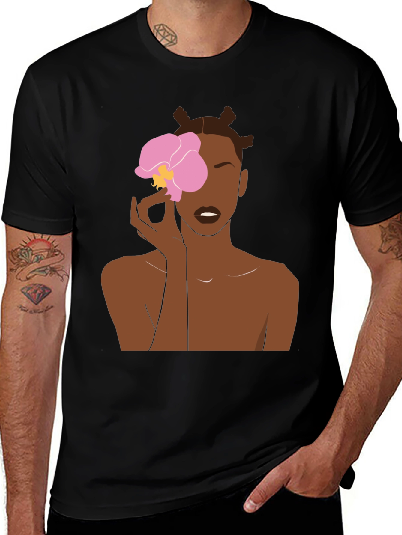Black T-Shirt with Woman and Flower Graphic