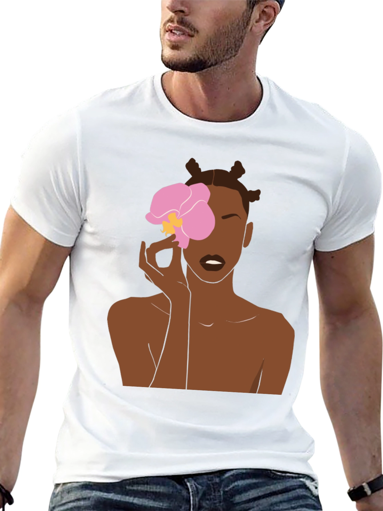 Black T-Shirt with Woman and Flower Graphic