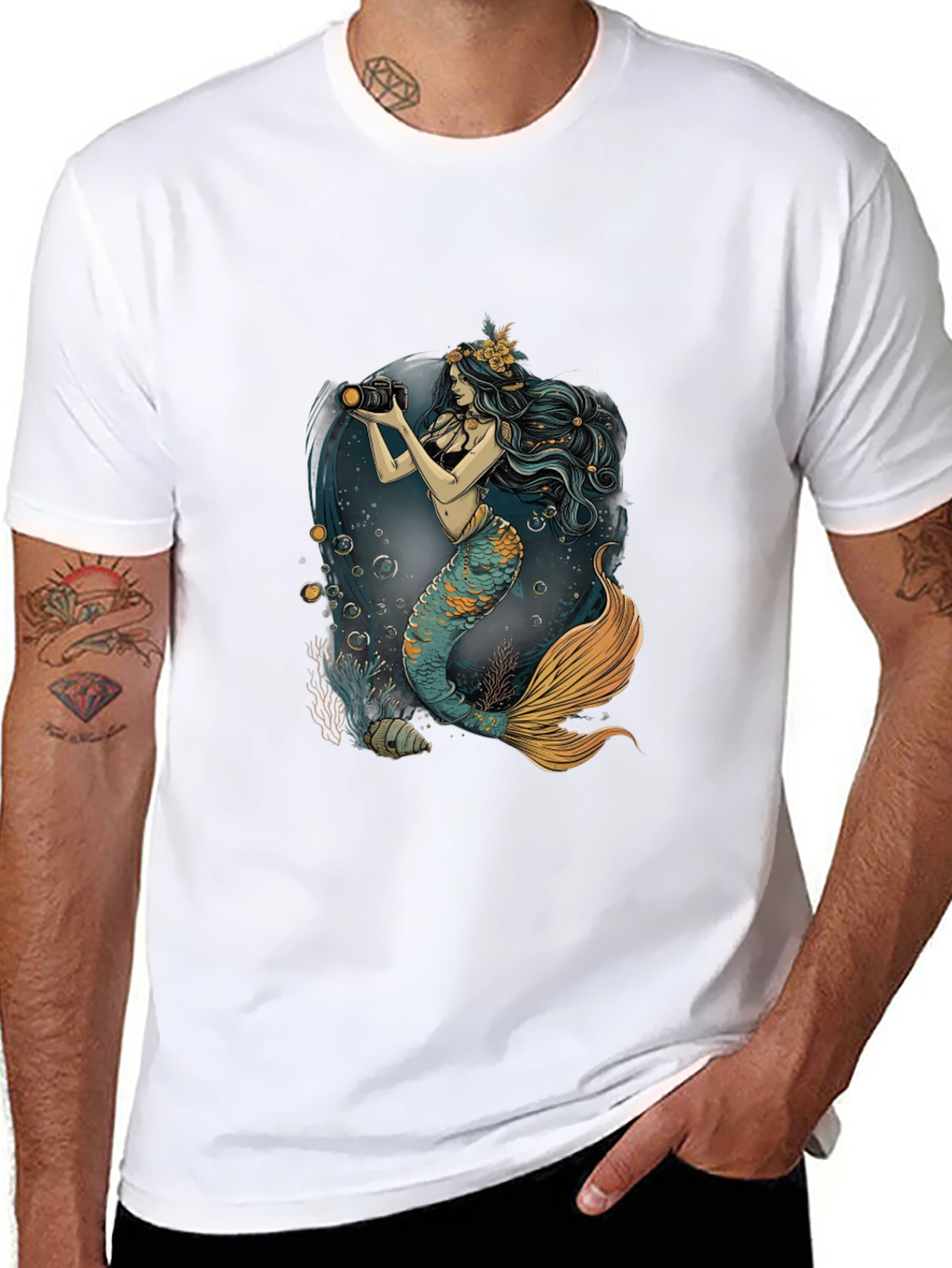 Mermaid Photographer Graphic Tee - Black Cotton Casual Shirt