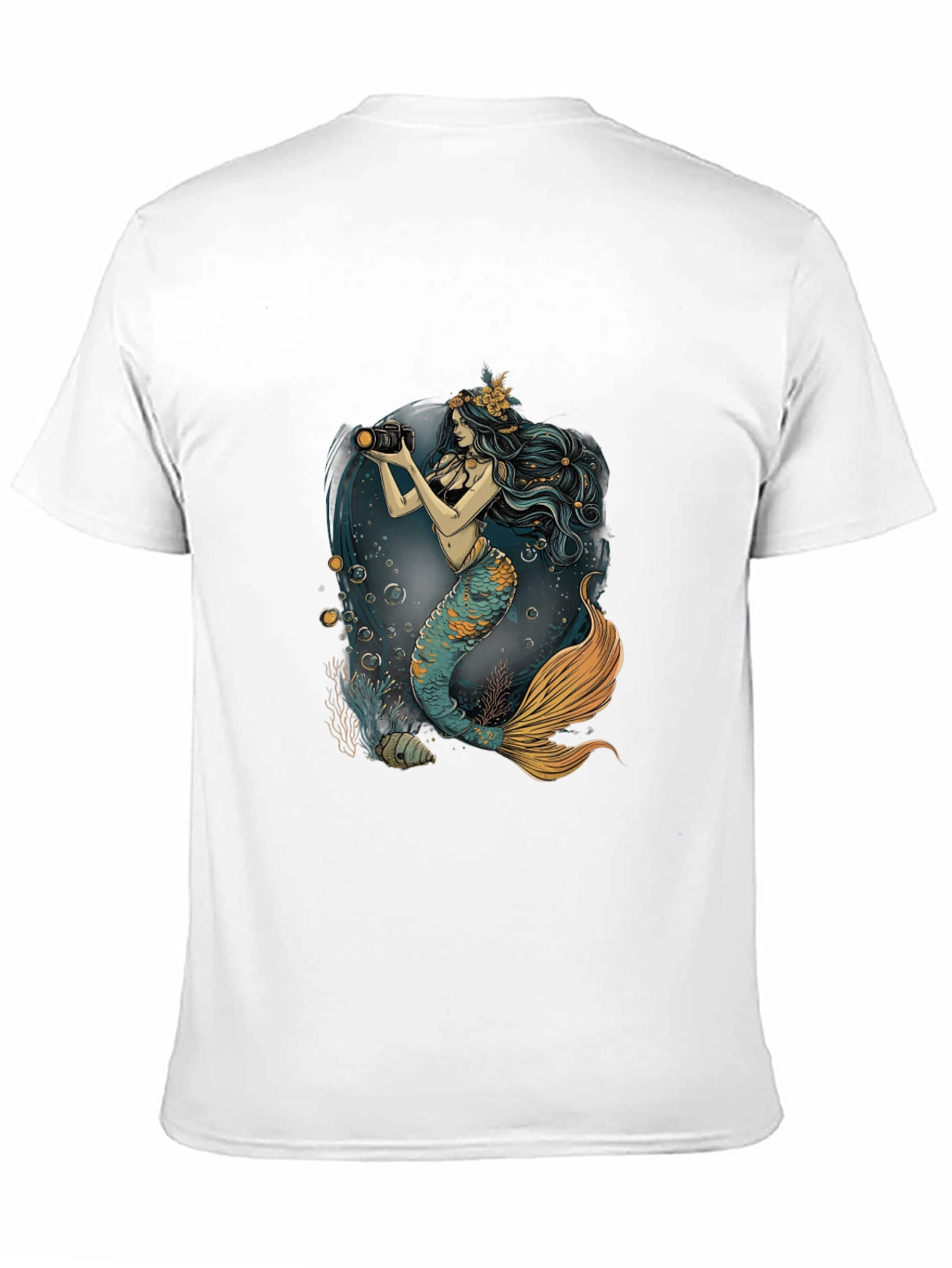 Mermaid Photographer Graphic Tee - Black Cotton Casual Shirt
