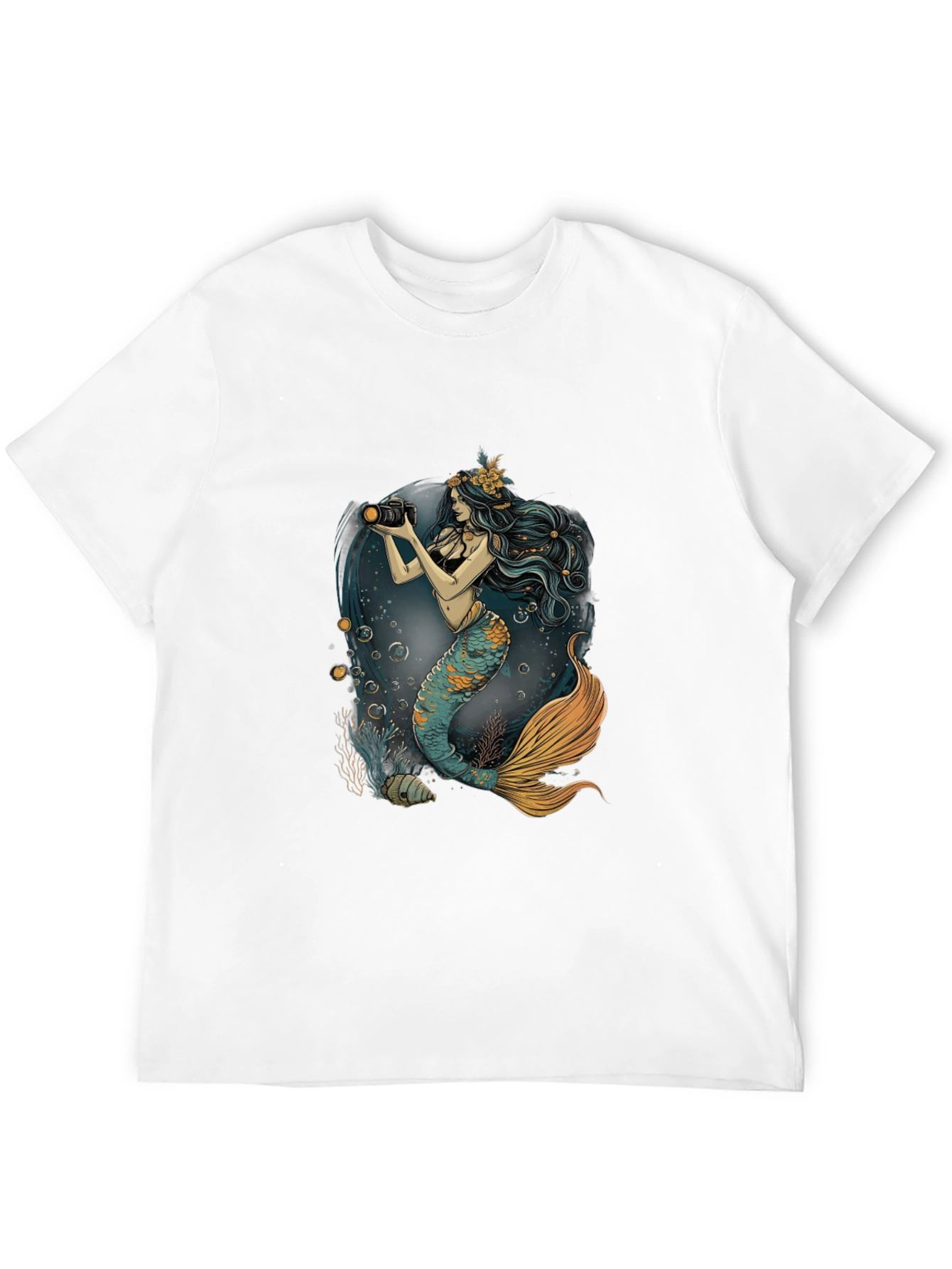Mermaid Photographer Graphic Tee - Black Cotton Casual Shirt