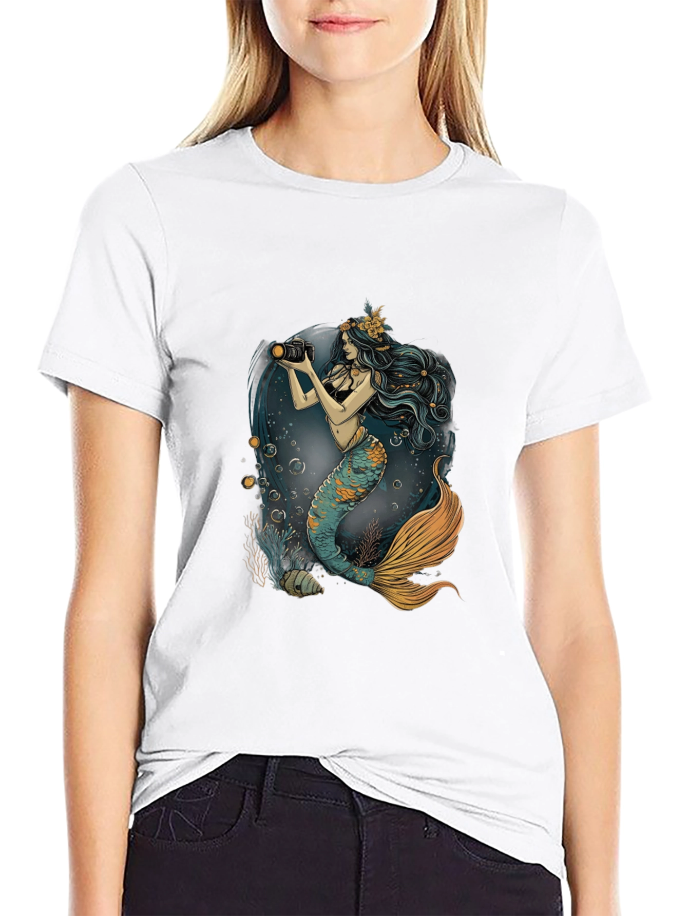 Mermaid Photographer Graphic Tee - Black Cotton Casual Shirt