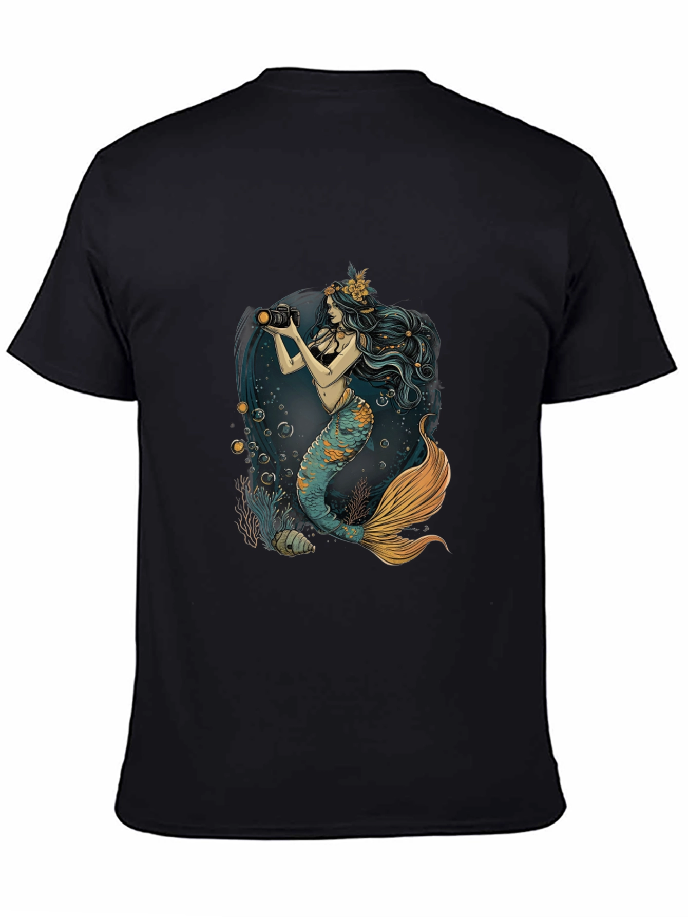 Mermaid Photographer Graphic Tee - Black Cotton Casual Shirt
