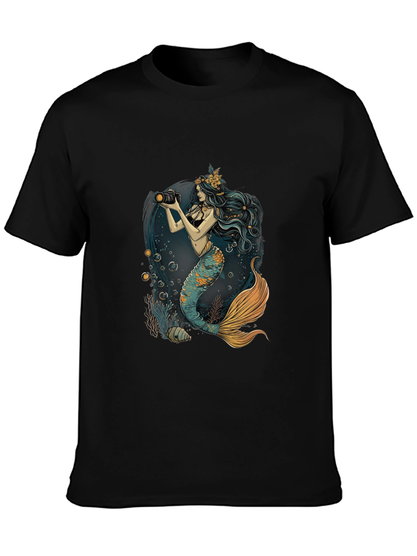 Mermaid Photographer Graphic Tee - Black Cotton Casual Shirt