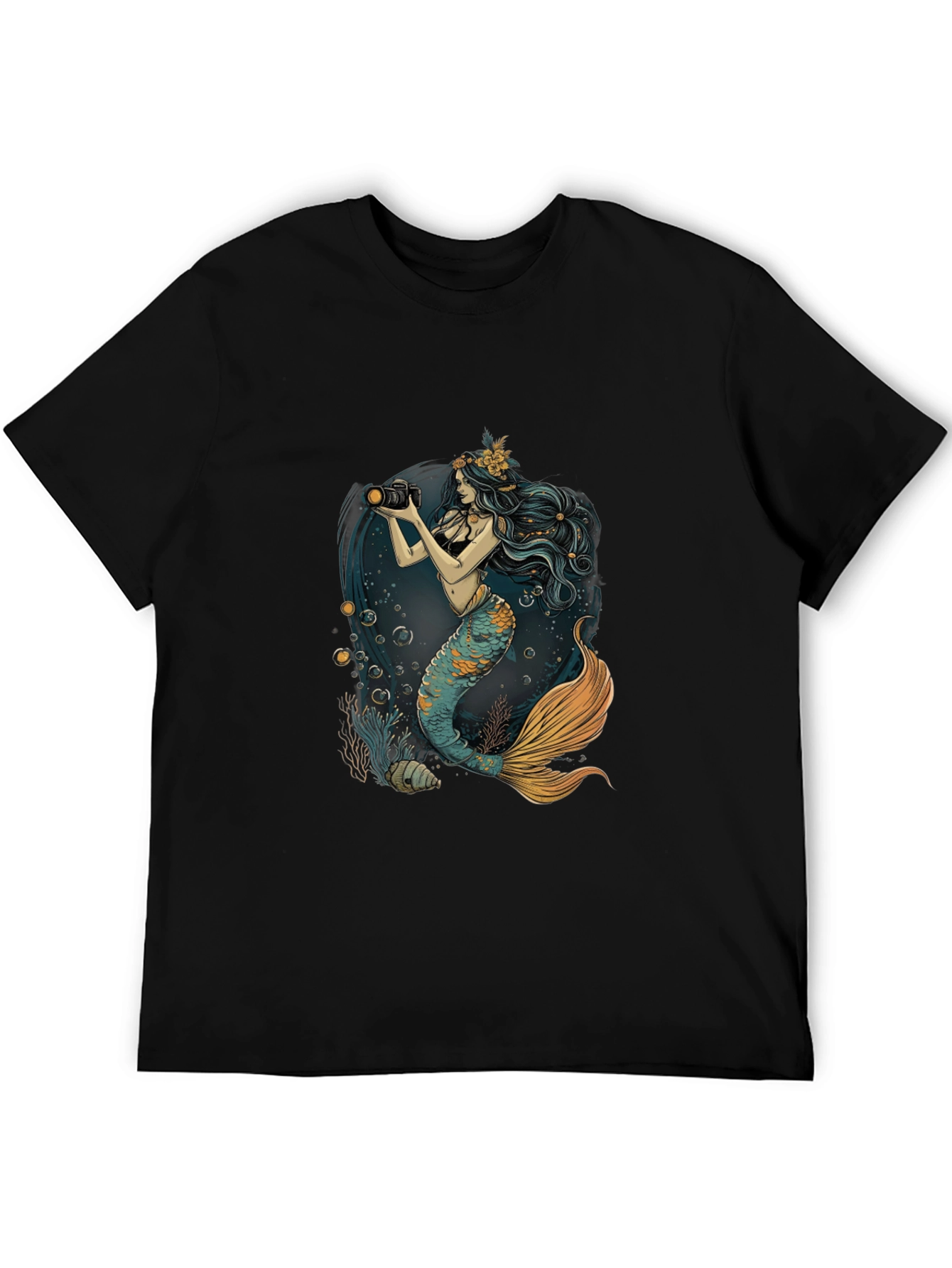 Mermaid Photographer Graphic Tee - Black Cotton Casual Shirt