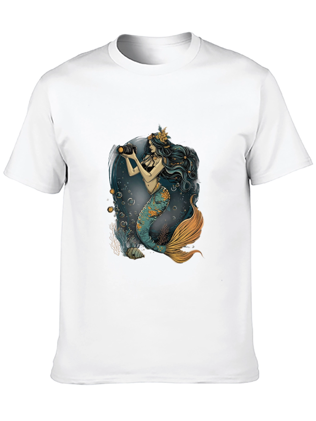 Mermaid Photographer Graphic Tee - Black Cotton Casual Shirt