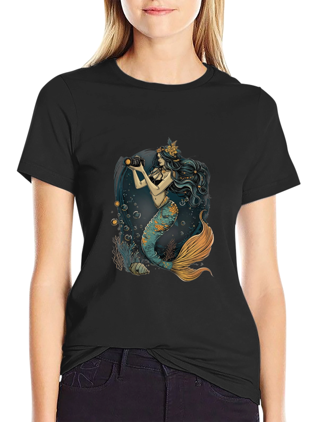 Mermaid Photographer Graphic Tee - Black Cotton Casual Shirt